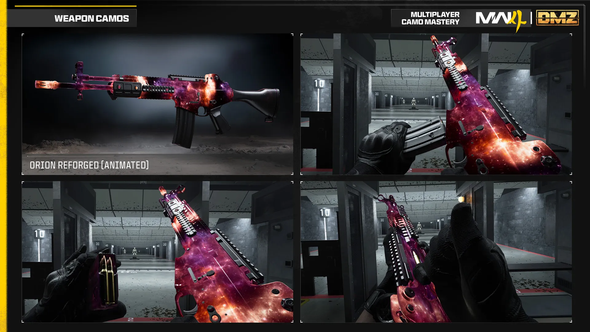 Animated Orion Reforged Multiplayer mastery camo covers an assault rifle in glowing purple, red, and orange cosmic patterns.