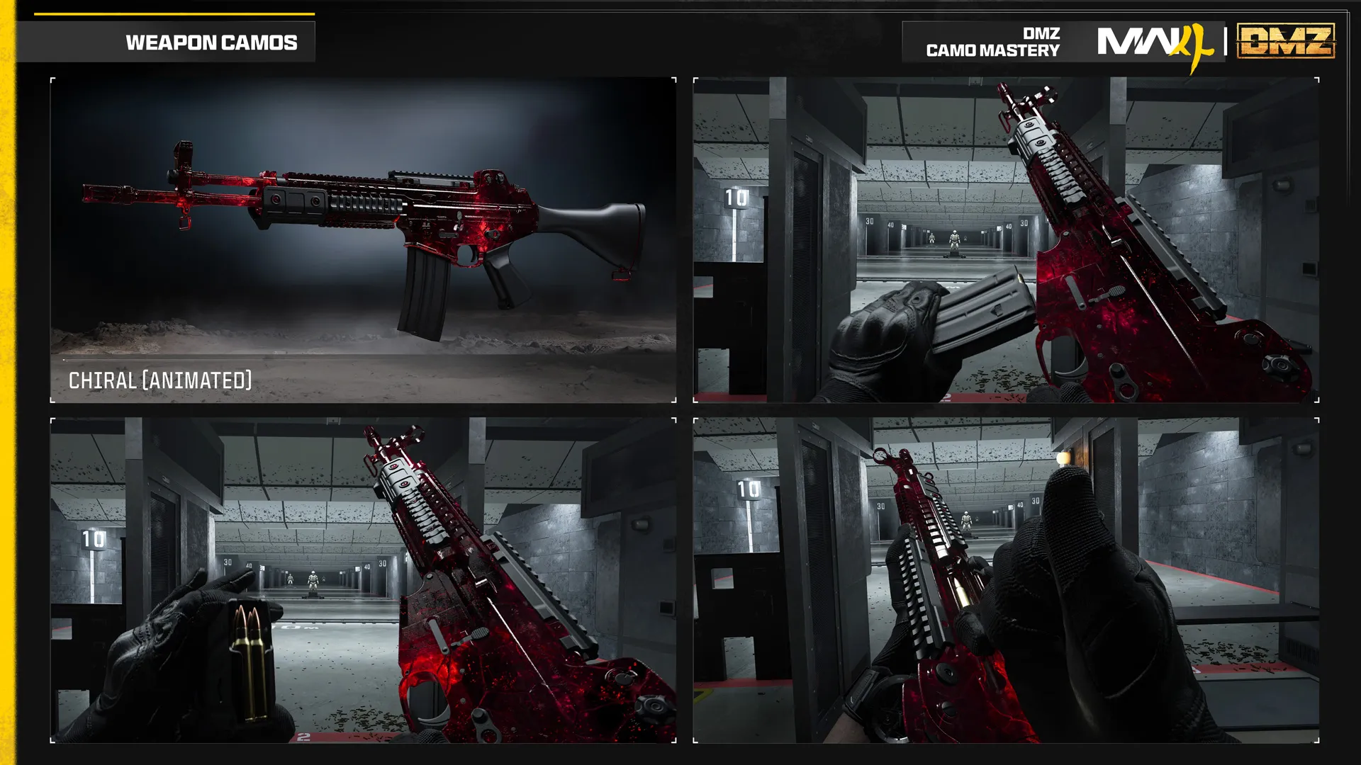 Animated Chiral DMZ mastery camo features a dark crimson finish with glowing red patterns across an assault rifle.