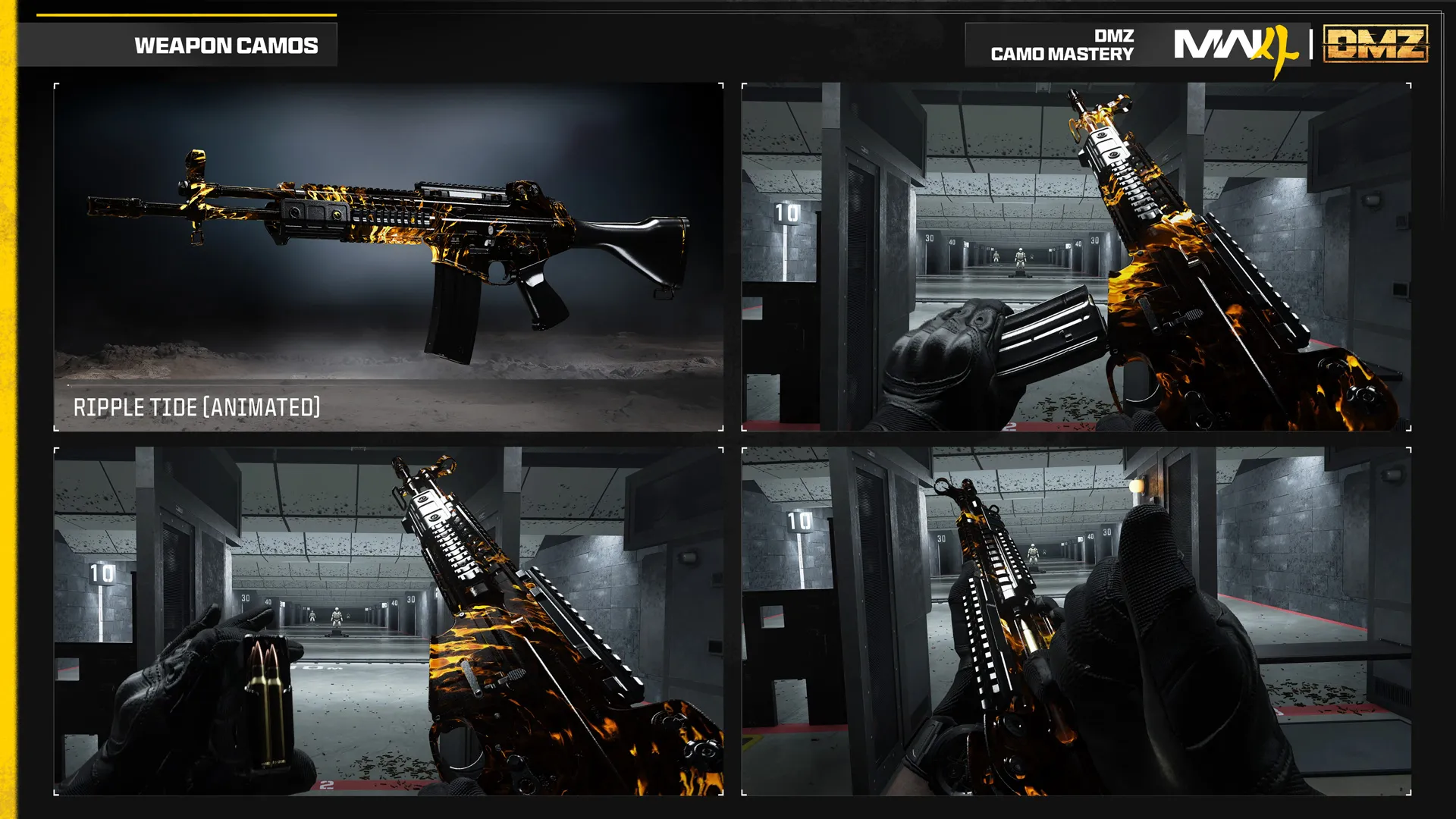 Animated Ripple Tide DMZ mastery camo covers a black assault rifle with glowing orange and gold streaks.