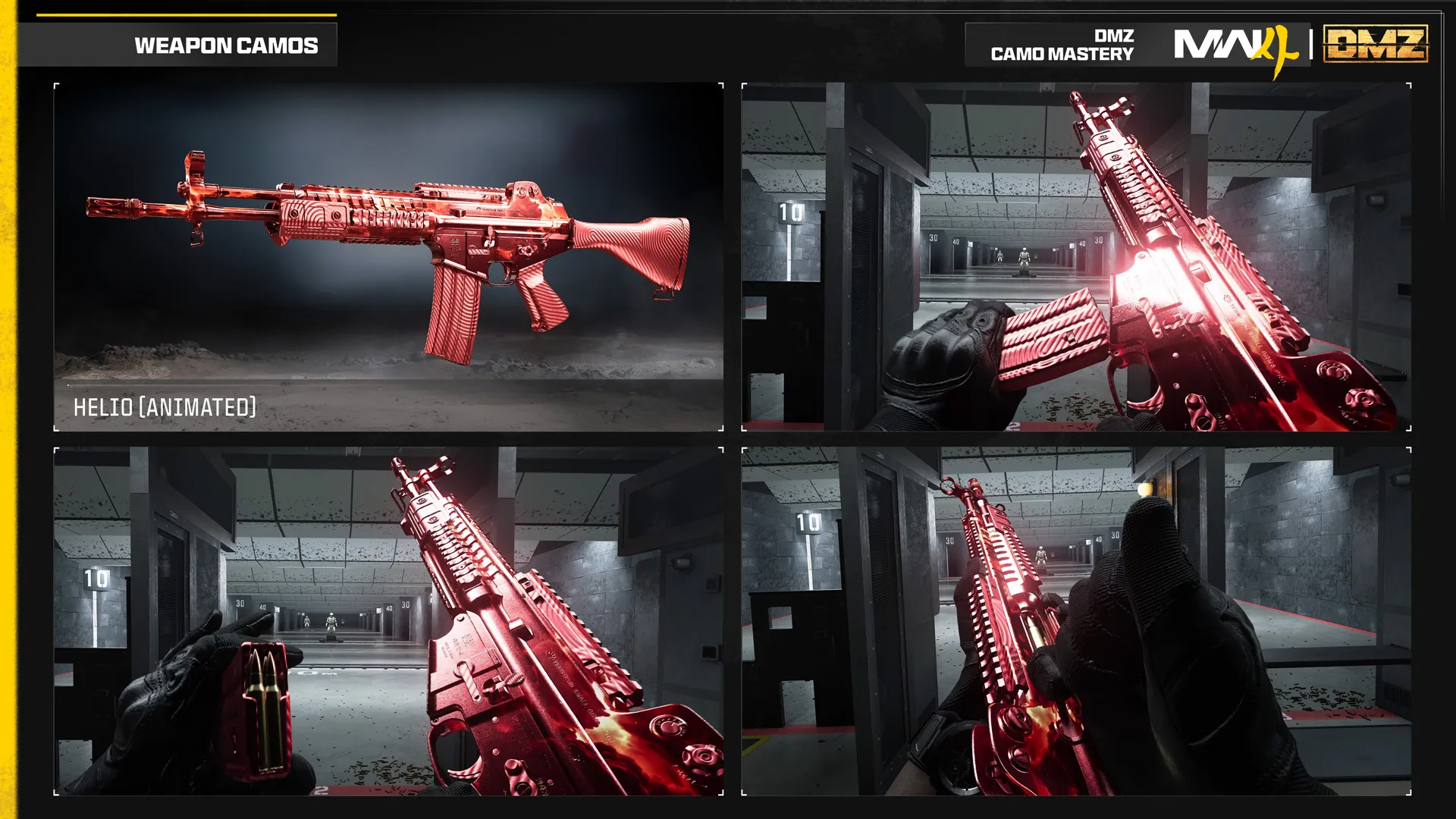 Animated Helio DMZ mastery camo gives an assault rifle a glowing red metallic finish with flowing striped patterns.