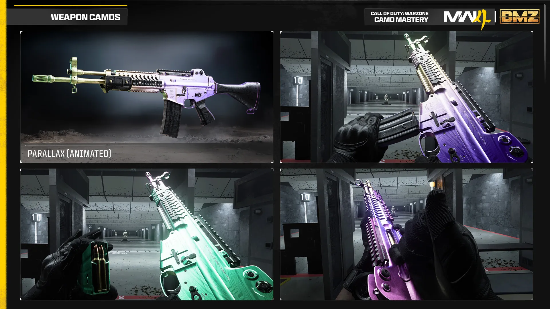 Animated Parallax Warzone mastery camo displays shifting green, purple, and silver colors across an assault rifle.