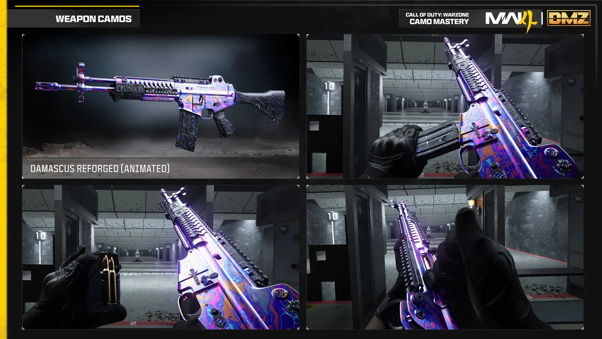 Animated Damascus Reforged Warzone mastery camo covers an assault rifle in swirling purple, blue, and pink metallic patterns.