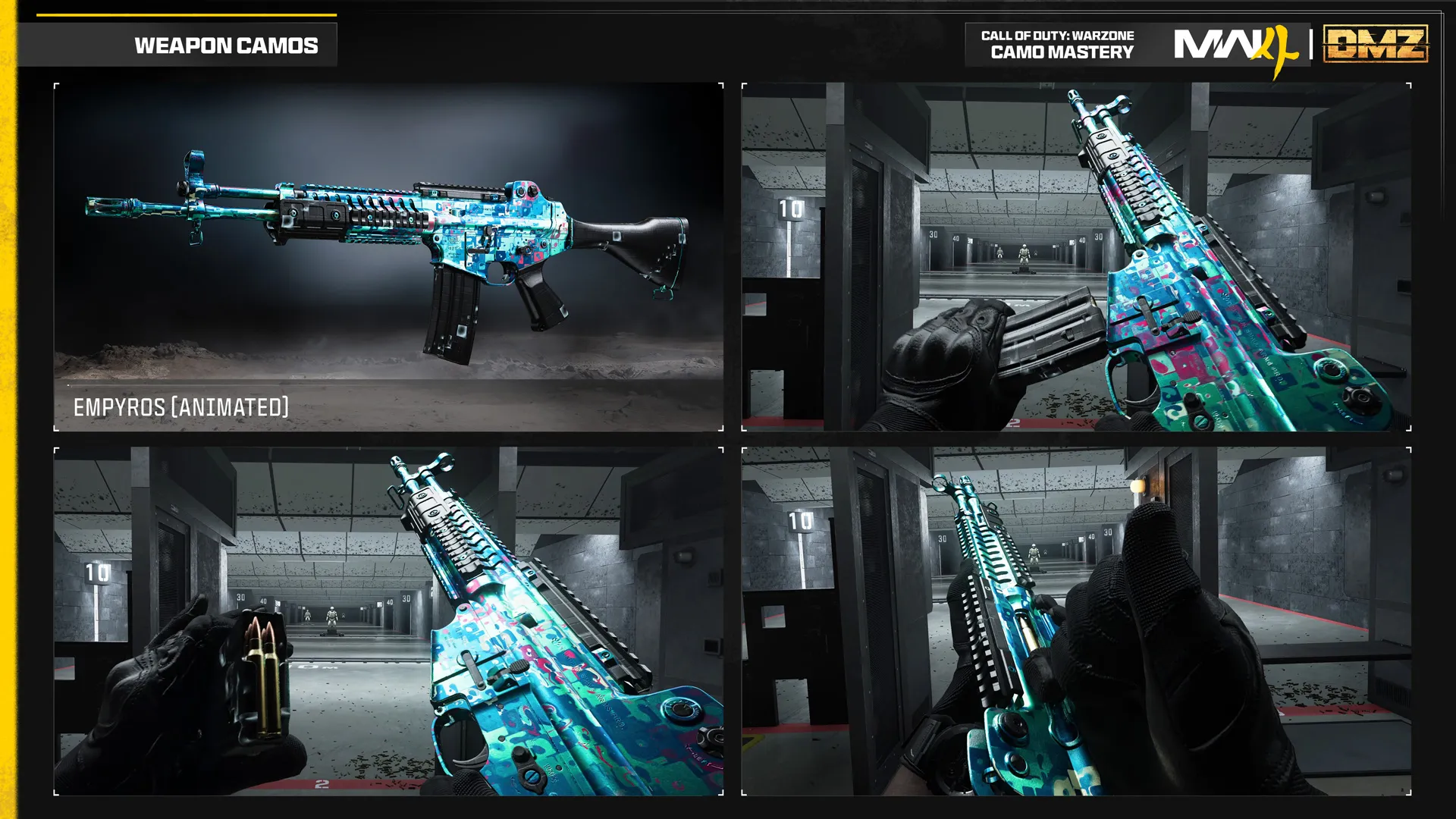 Animated Empyros Warzone mastery camo features a bright turquoise, blue, and pink pattern across an assault rifle.