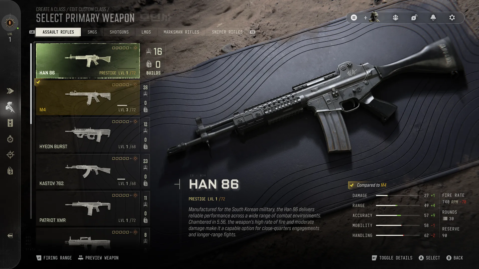 The primary weapon selection menu highlights the HAN 86 assault rifle, displaying its description, level, and combat statistics.