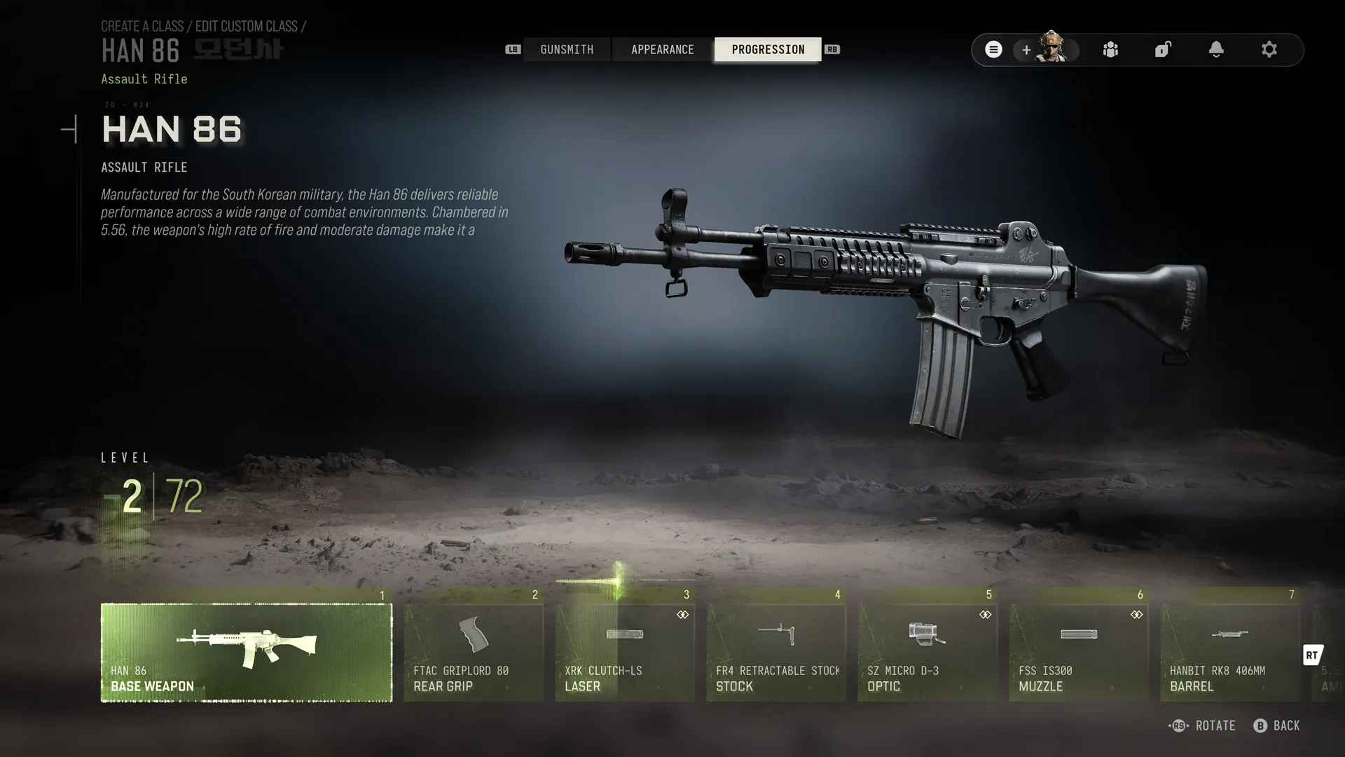HAN 86 assault rifle progression screen displays weapon level 2 of 72 and a horizontal list of attachment unlocks.
