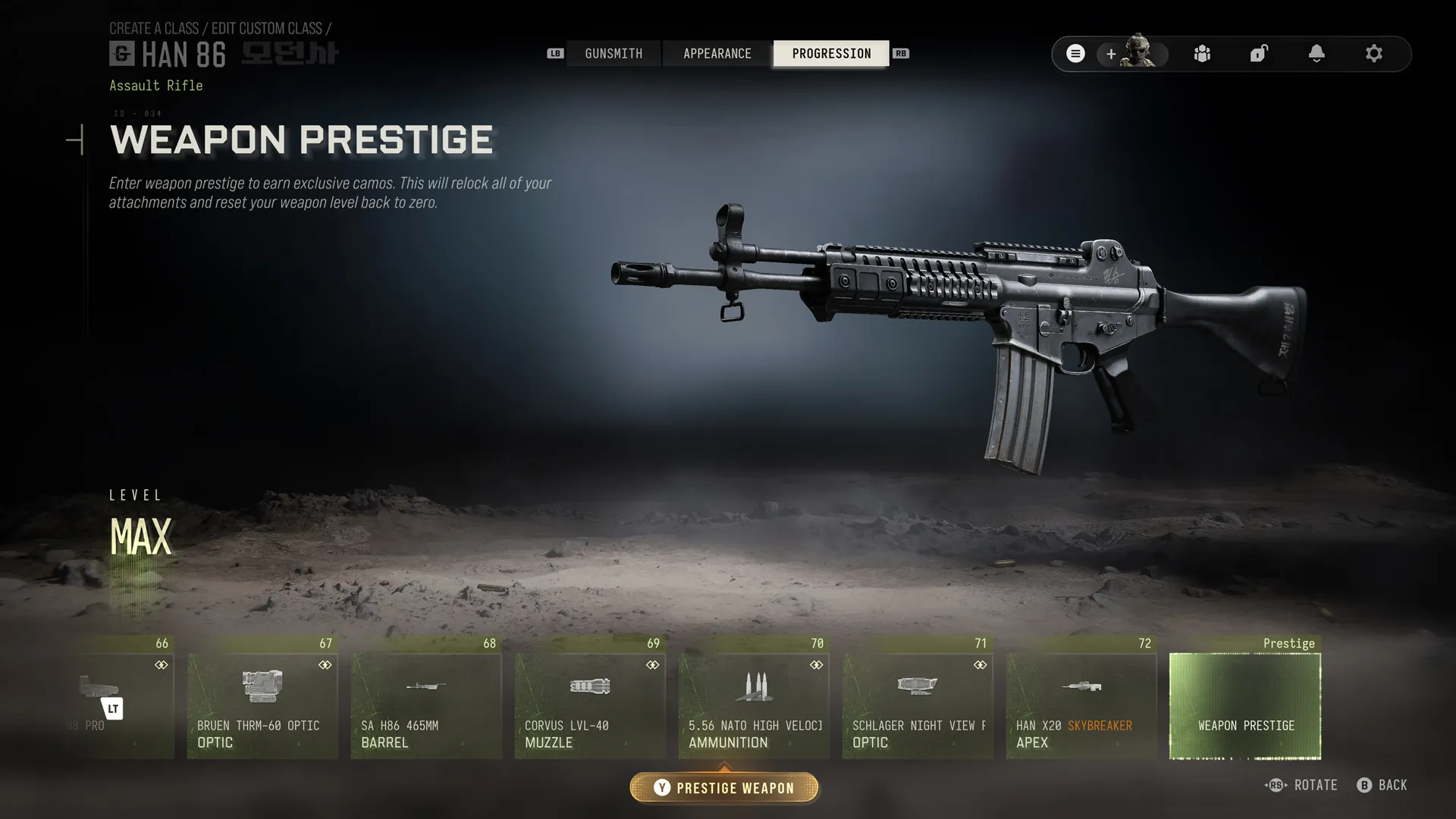 HAN 86 Weapon Prestige screen shows a max-level assault rifle and explains that prestiging resets its level and relocks attachments.