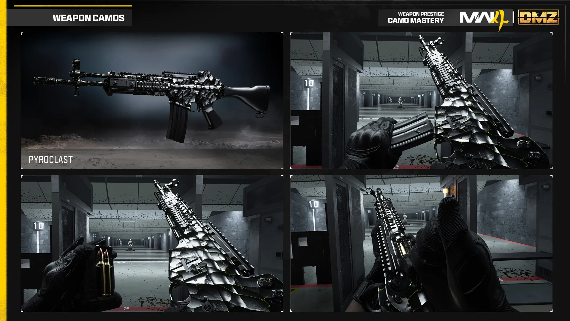 Pyroclast weapon camo features reflective silver and black scales with subtle green accents across an assault rifle.