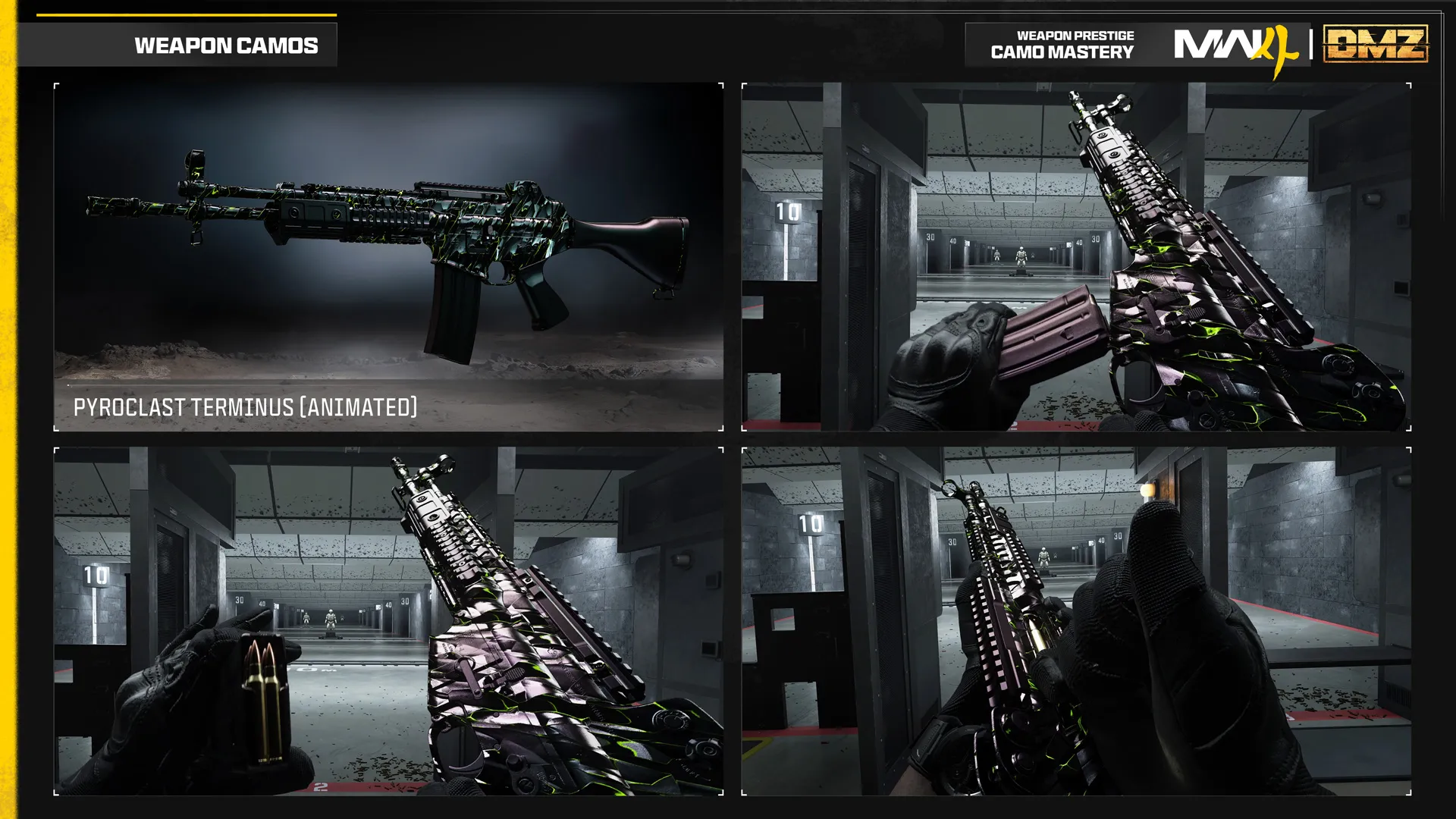 Pyroclast Terminus animated weapon camo covers an assault rifle in overlapping black metallic scales with thin neon-green streaks.