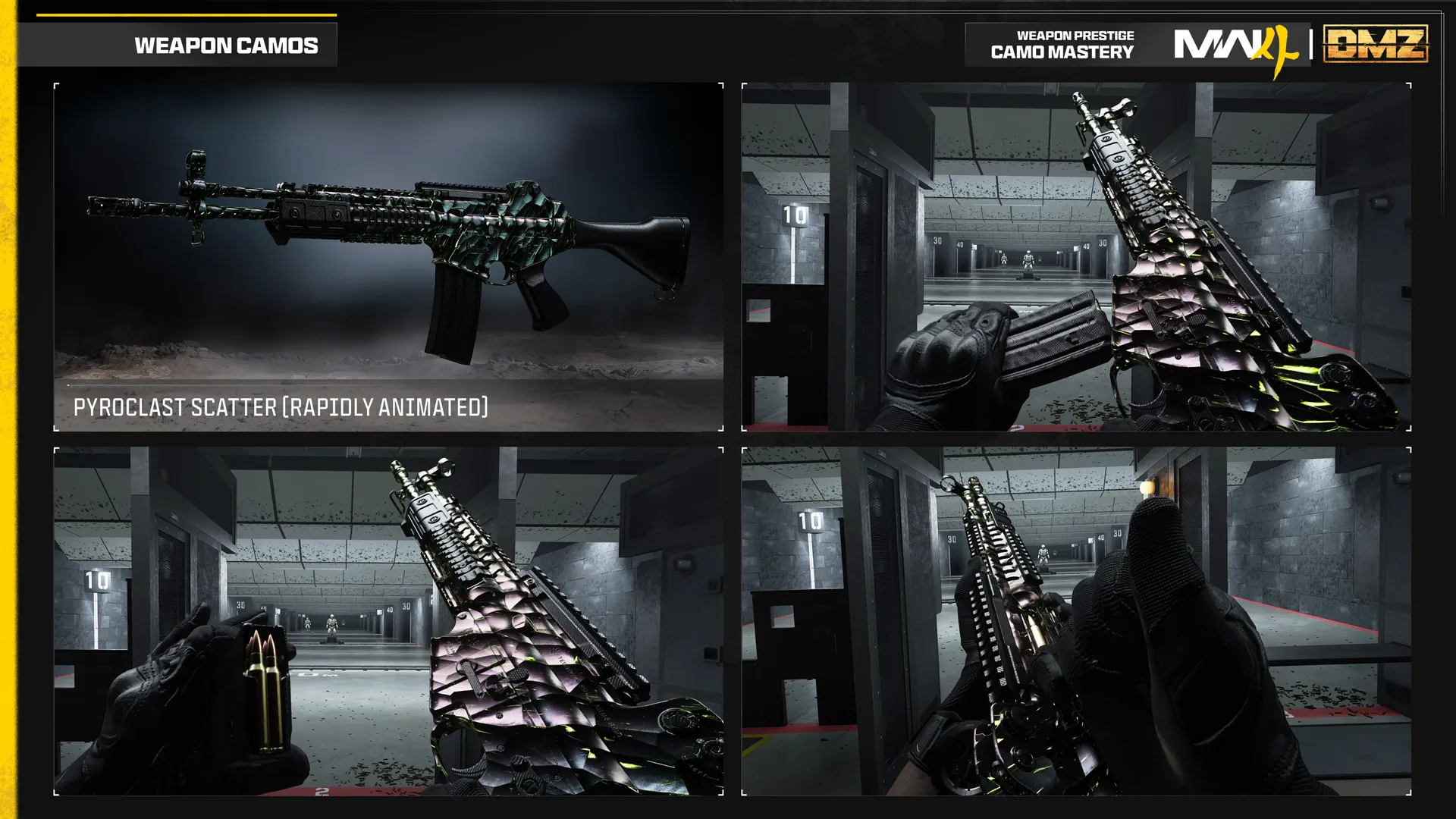 Pyroclast Scatter rapidly animated weapon camo features dark metallic scales with green highlights across an assault rifle.