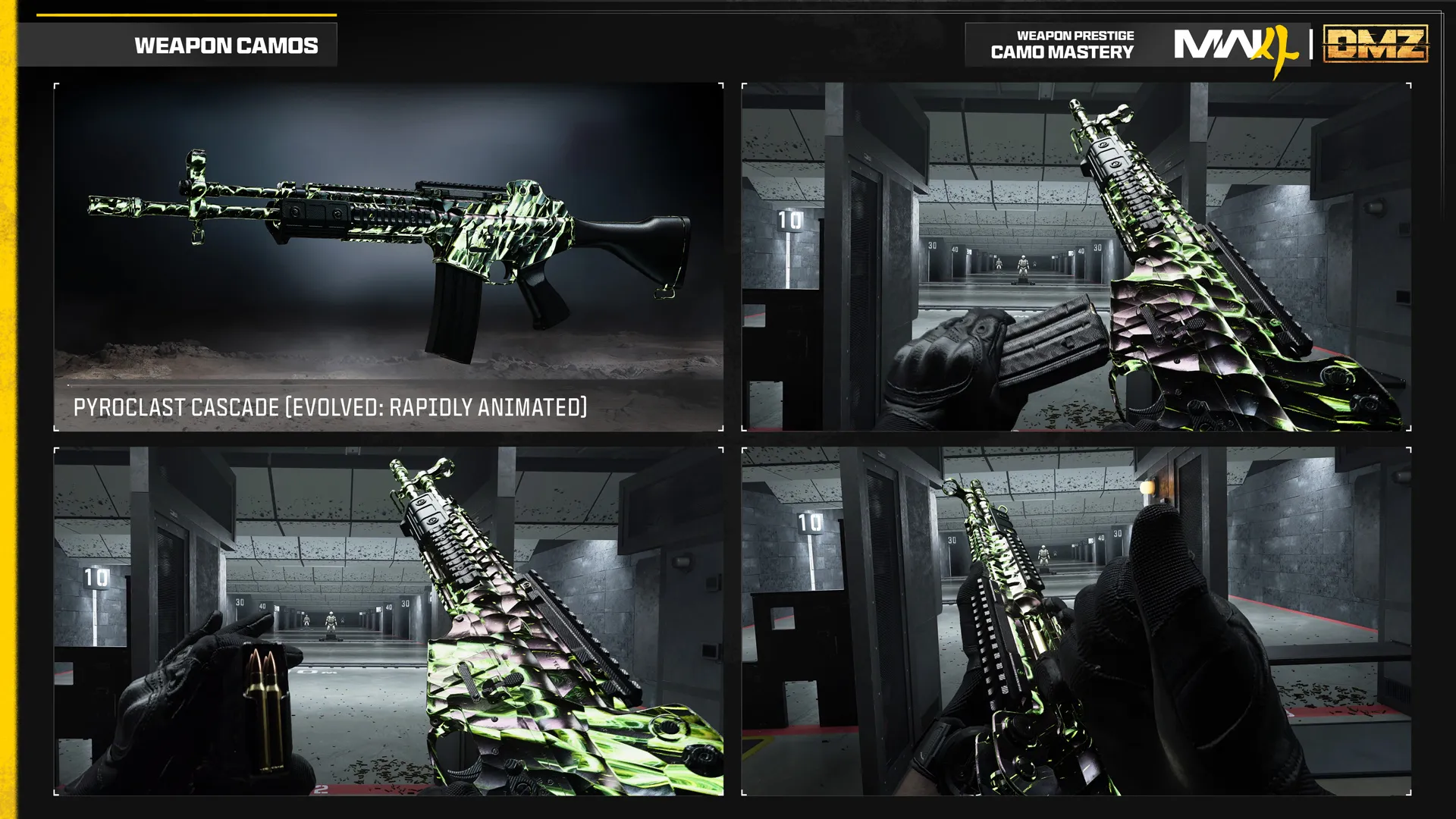Pyroclast Cascade rapidly animated weapon camo covers an assault rifle in reflective black scales with bright neon-green patterns.