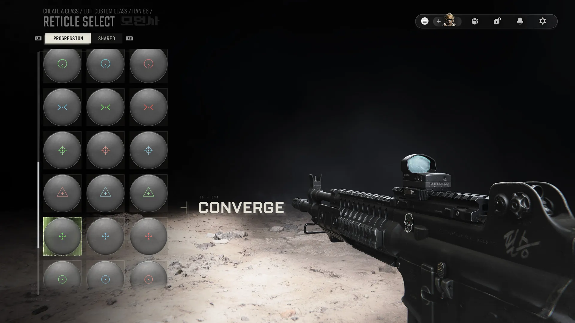 Reticle selection menu displays a grid of colored aiming reticles with the green Converge reticle selected beside an assault rifle.