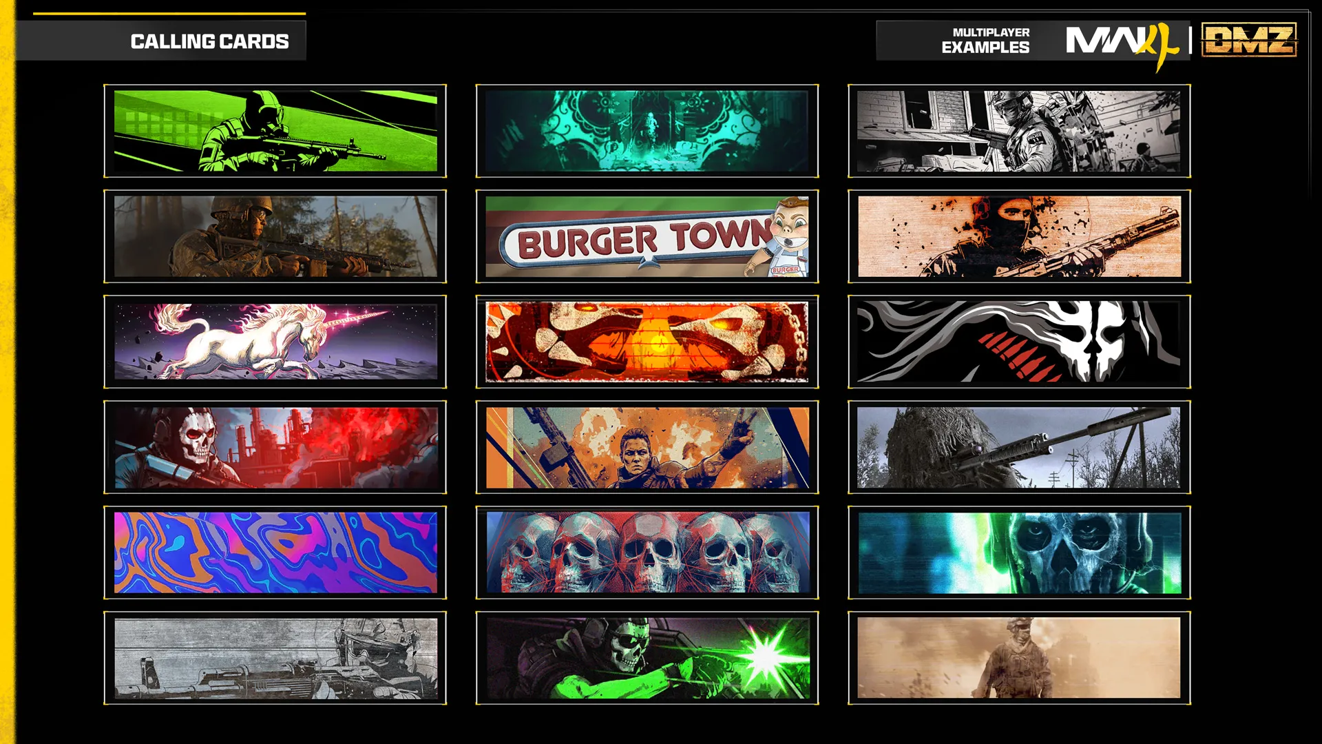 A collection of 18 Multiplayer calling card designs features soldiers, skulls, a unicorn, Burger Town, and colorful artwork.