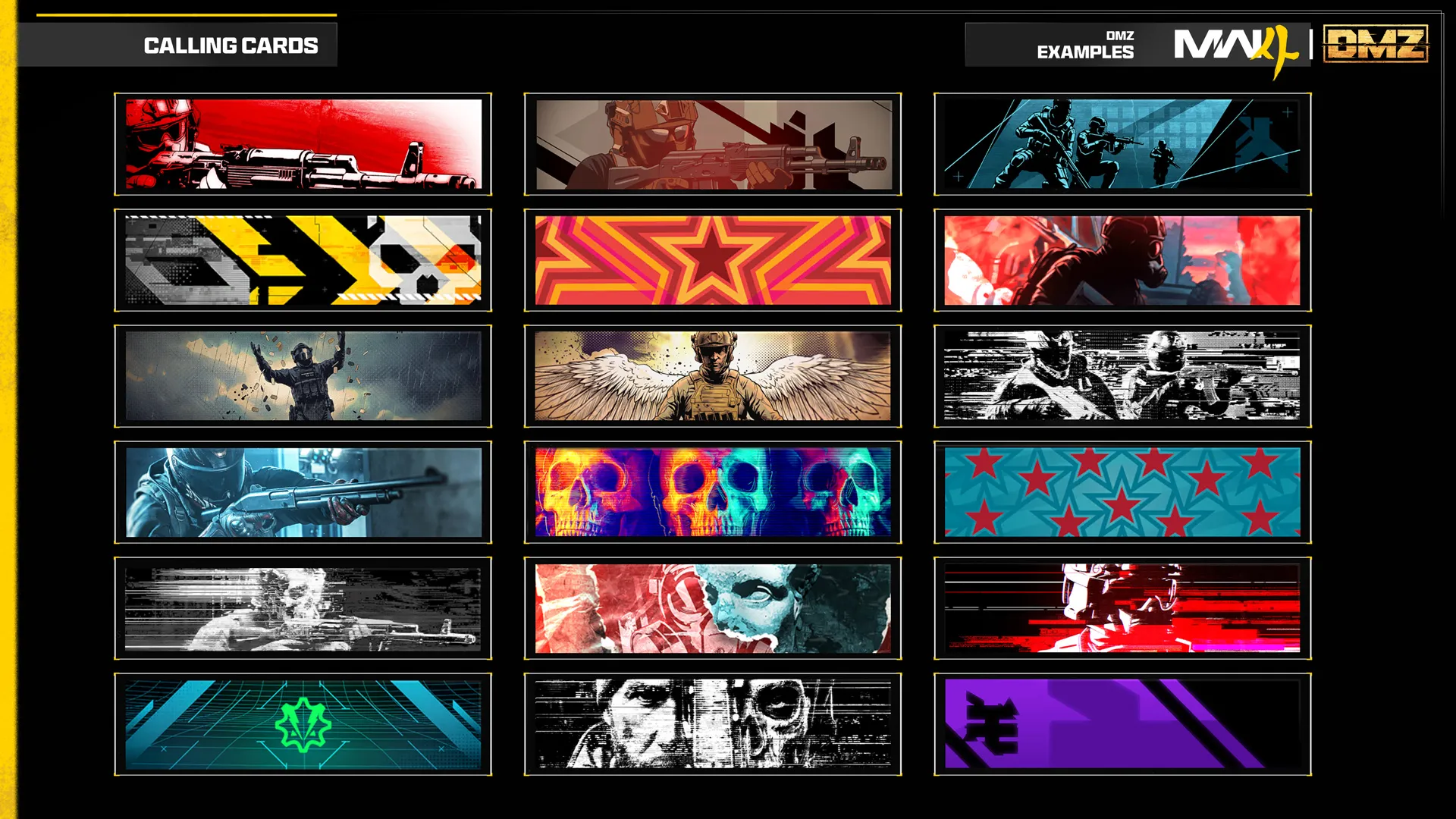 A collection of 18 DMZ calling card designs features armed operators, skulls, colorful graphics, stars, and military imagery.
