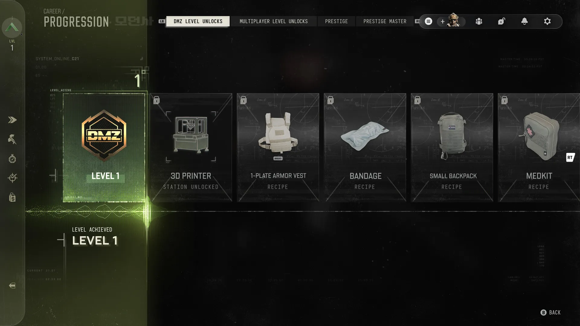 DMZ level 1 progression screen displays unlocks for the 3D Printer, 1-Plate Armor Vest, Bandage, Small Backpack, and Medkit.