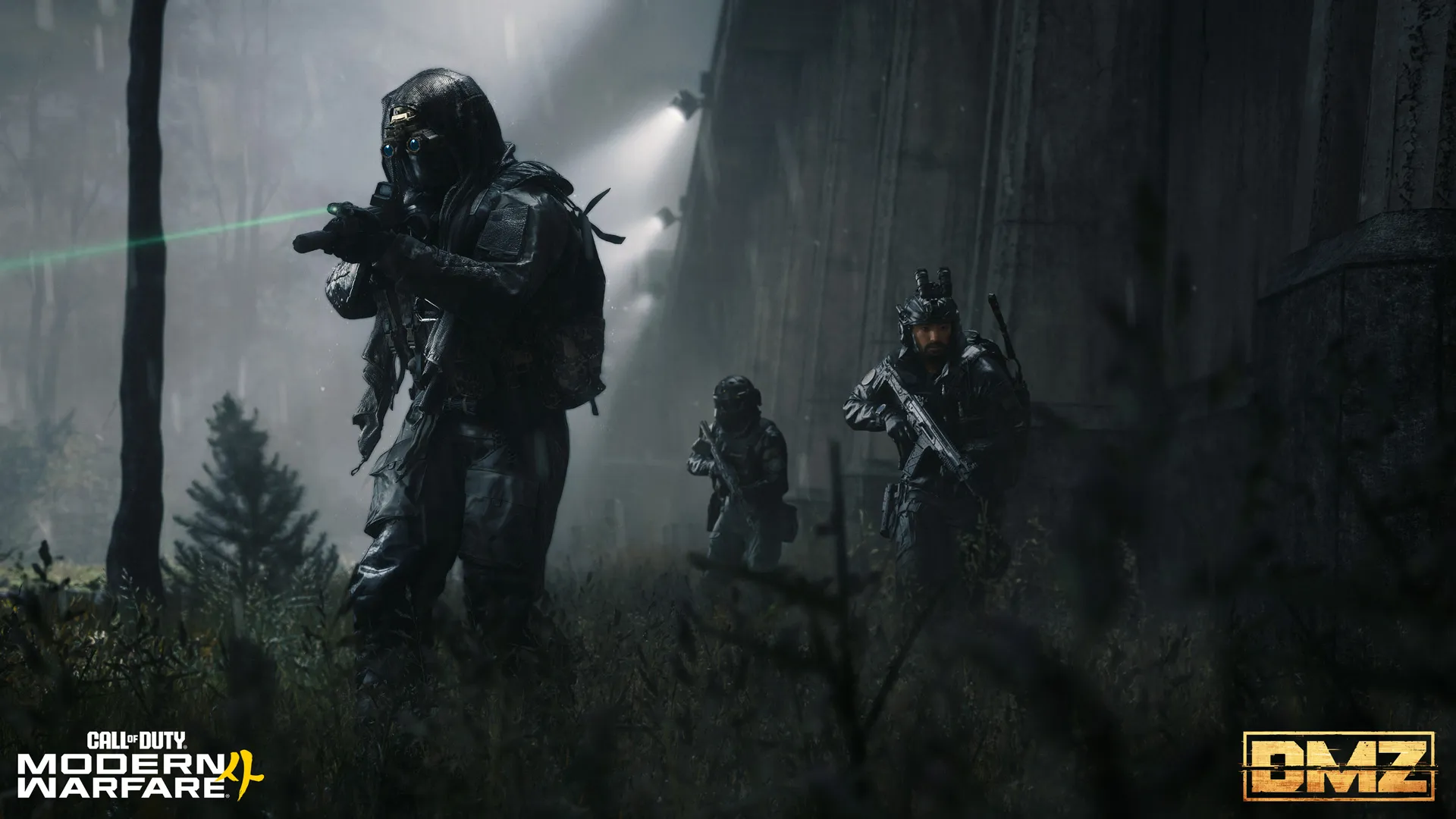 Three armed operators advance through a dark, rainy forest beside a concrete wall, with the lead operator aiming a green laser sight.