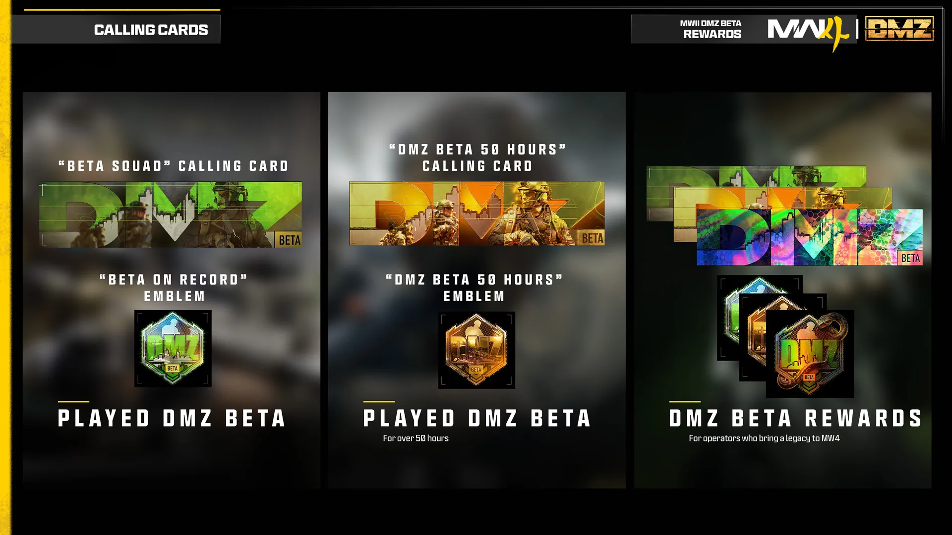 DMZ Beta rewards include exclusive calling cards and emblems for participating in the beta and playing over 50 hours.