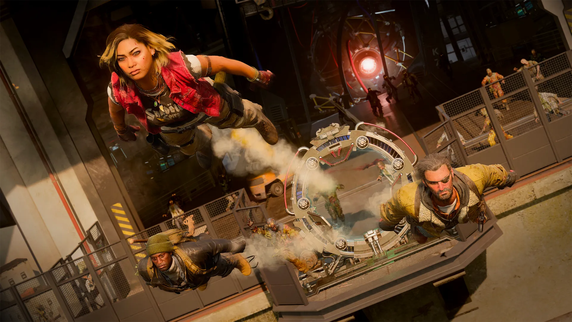 Three characters dive headfirst through a mechanical portal as steam bursts around them, while zombies swarm in the background near a glowing red dark entity inside a high-tech facility.