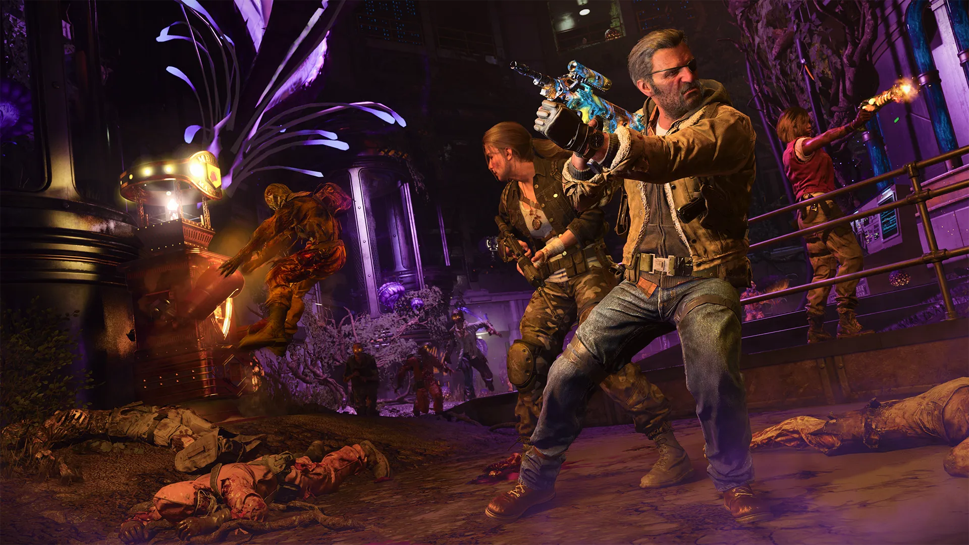 Three armed members of the Zombies Crew engage a horde of zombies in a glowing, alien-infested environment with purple lighting, as a zombie is flung into a fiery machine shaped like a slot machine.