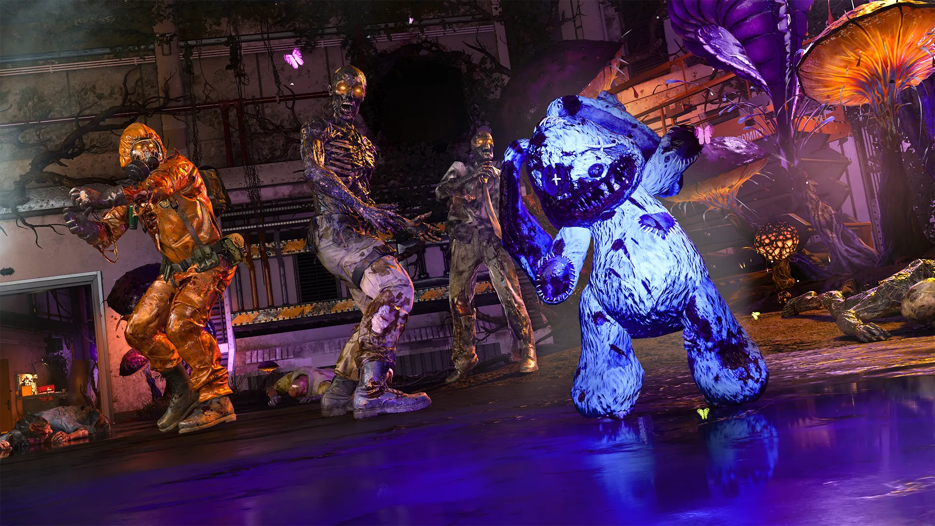 Several glowing-eyed zombies stand in front of a surreal landscape of oversized purple and orange mushrooms, while a ghostly, luminescent Mr. Peeks looms menacingly in the foreground.