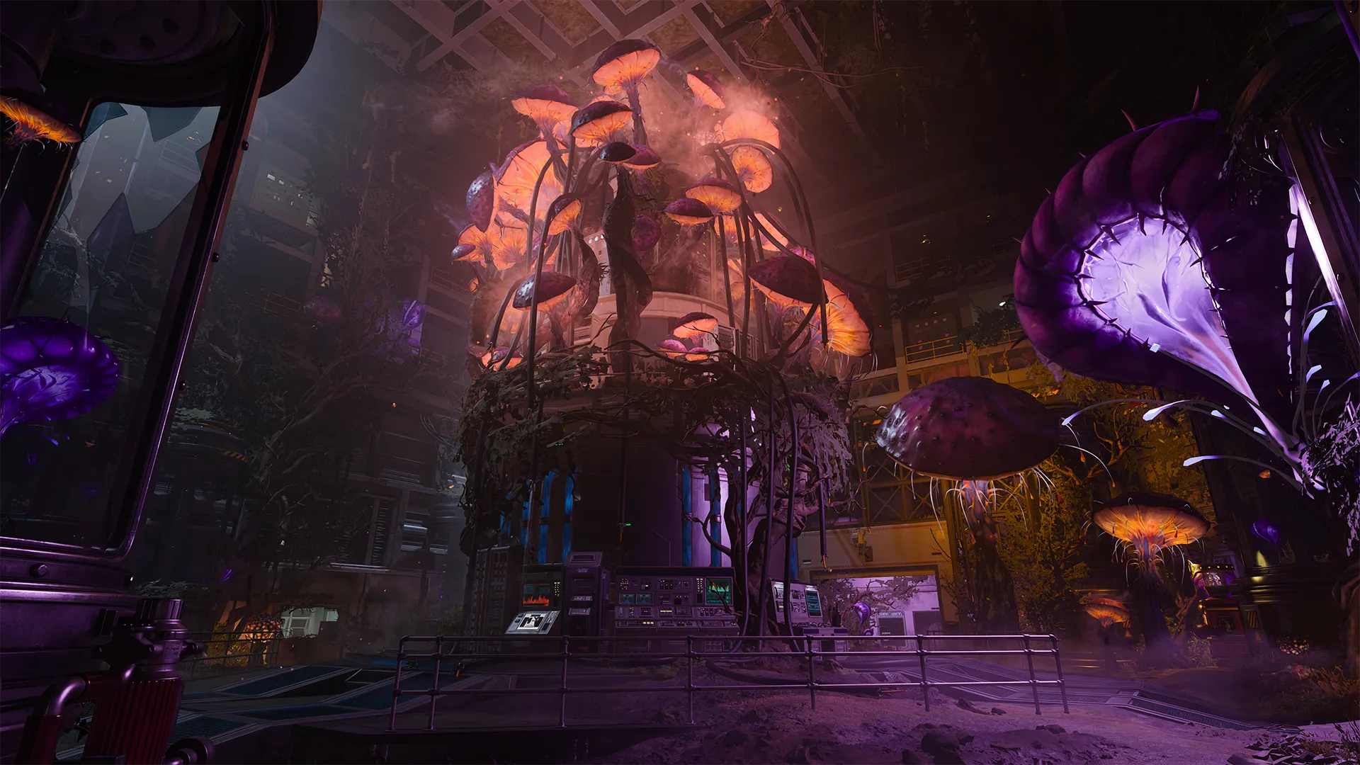 An eerie biolab is overgrown with massive glowing mushrooms and twisting vines, surrounding a central containment chamber filled with monitoring equipment and bathed in purple and orange light.