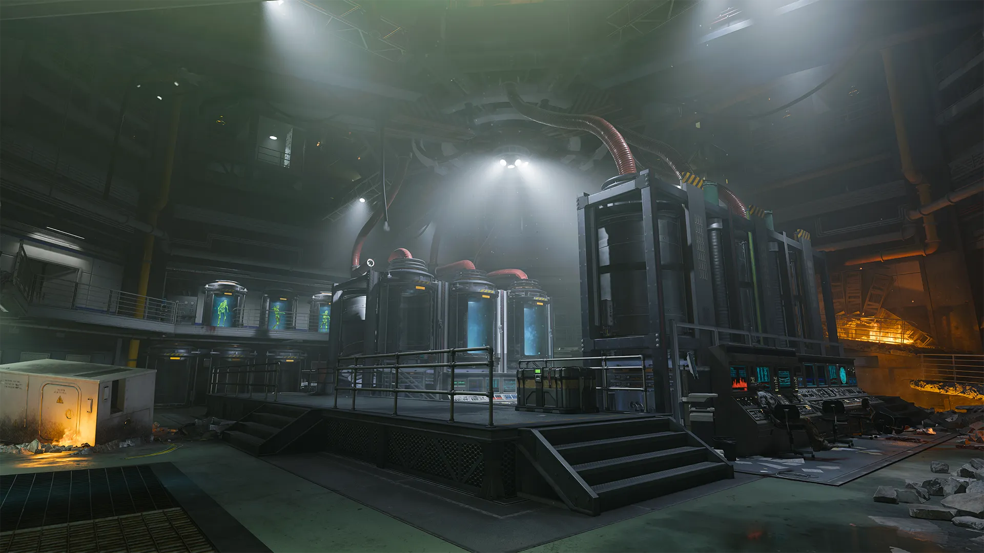 A high-tech laboratory features containment pods illuminated by spotlights and glowing control panels, with red cables extending into a central system and silhouettes of test subjects visible in the background.