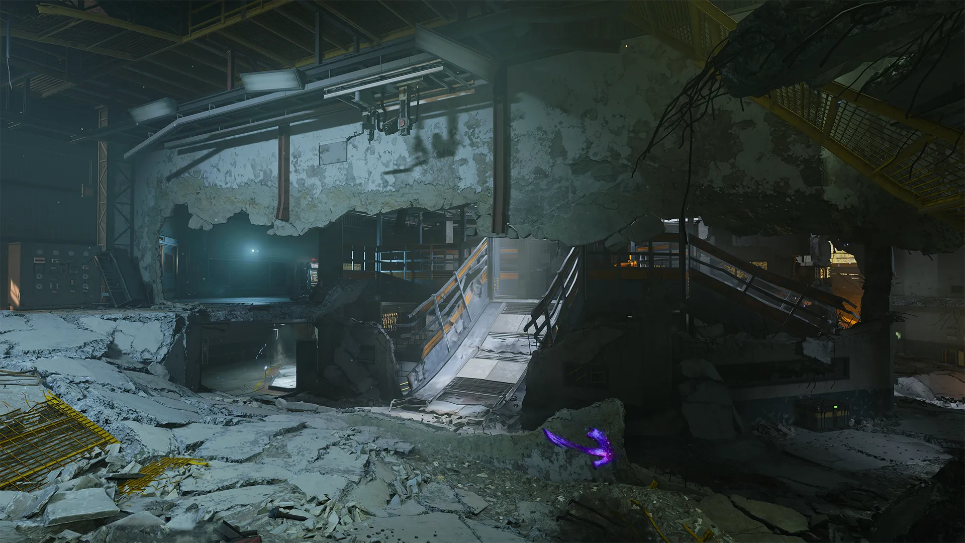 A devastated industrial facility with exposed rebar and collapsed walls reveals a split-level interior, lit by eerie blue and green lights, with a glowing purple trail marking a path through the rubble.