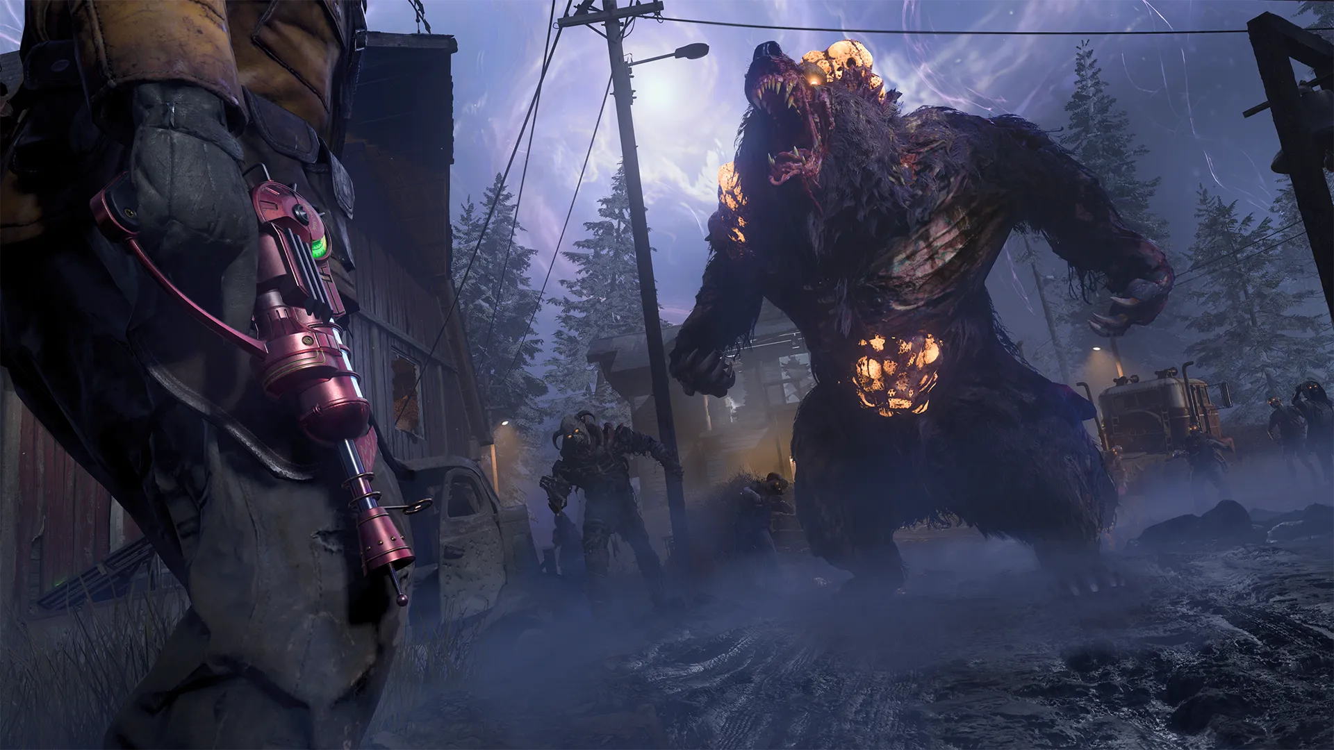 A monstrous, glowing bear-like zombie charges forward under a moonlit sky as a soldier with a red weapon (Ray Gun) holstered prepares to face the threat. The foggy, rural environment enhances the horror tone.