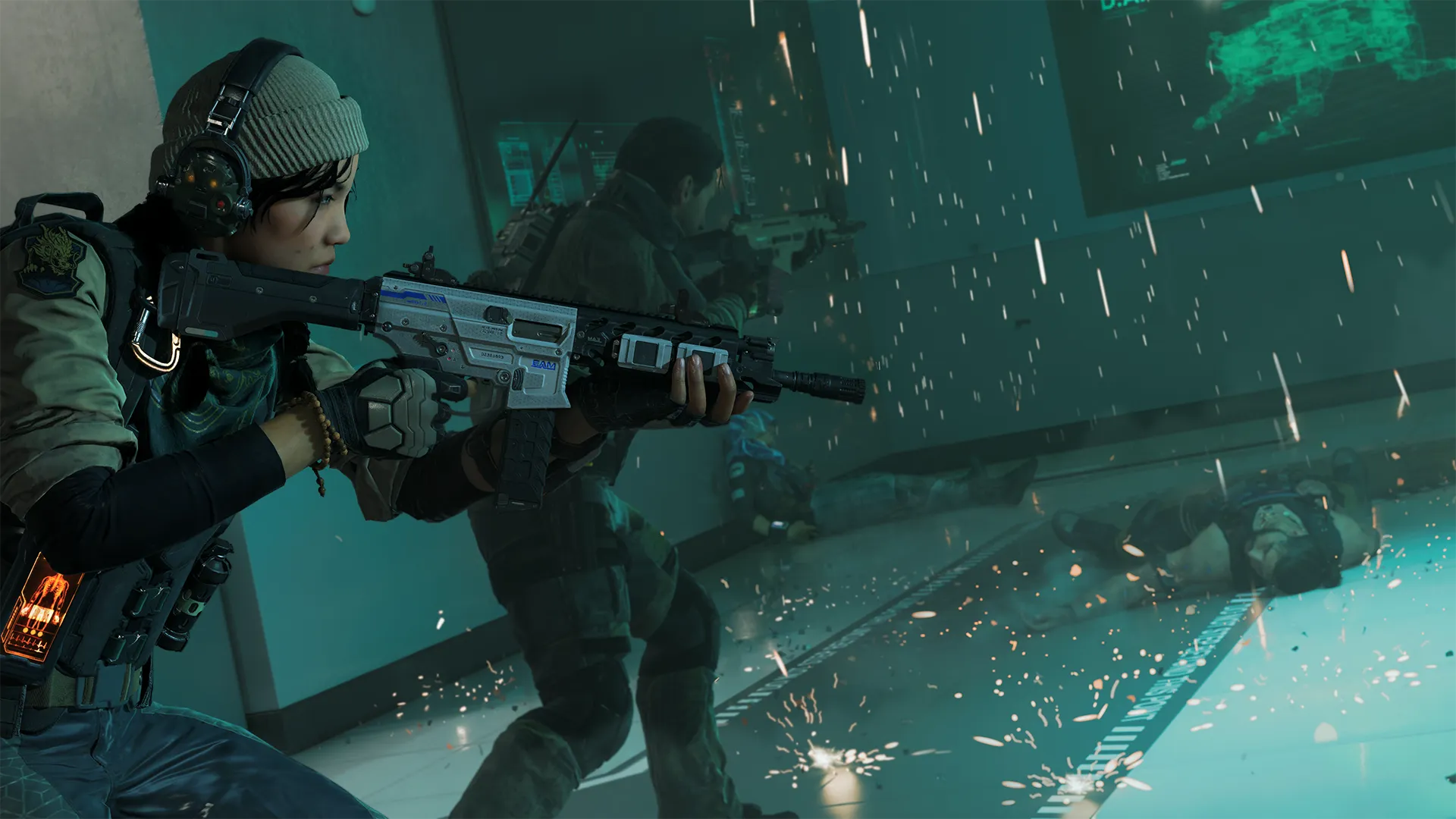 A woman in tactical gear with leads a squad across a room. Sparks and muzzle flashes highlight the scene as squadmates advance next to her her, weapons drawn.