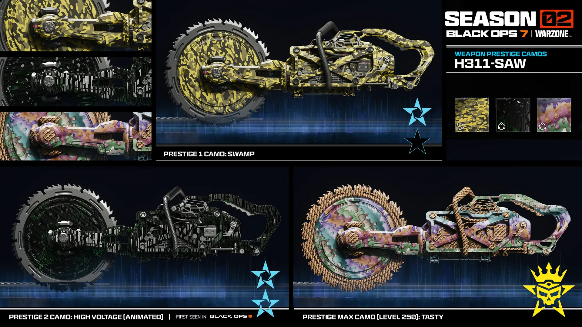Image collage of the H311-SAW AR from Call of Duty: Black Ops 7 and its camos.