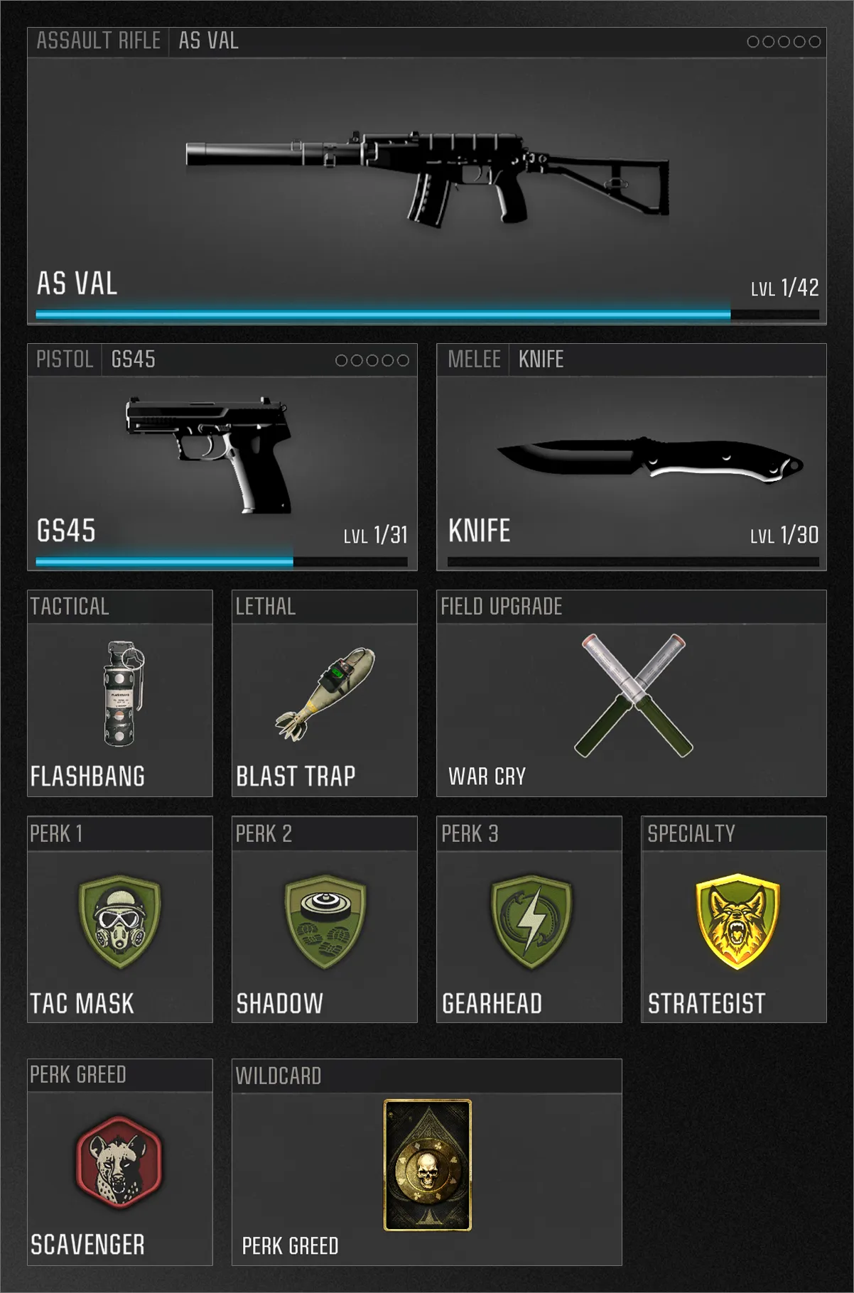 This loadout screen features an AS VAL rifle, GS45 pistol, and perks like Tac Mask and Strategist. Equipment includes a flashbang, blast trap, and the War Cry field upgrade. (Description by ChatGPT)