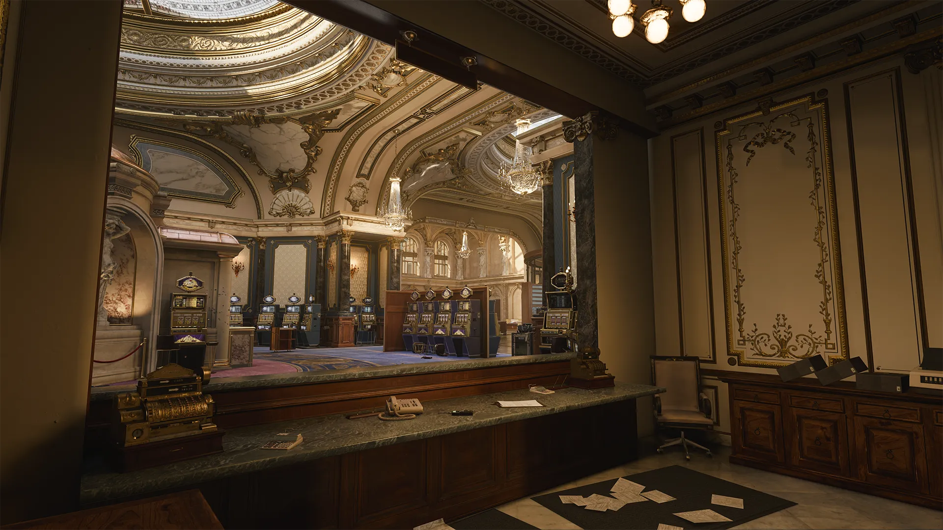 A view from behind a cashier counter reveals a lavish casino floor filled with slot machines, chandeliers, and marble columns under an ornate domed ceiling.
