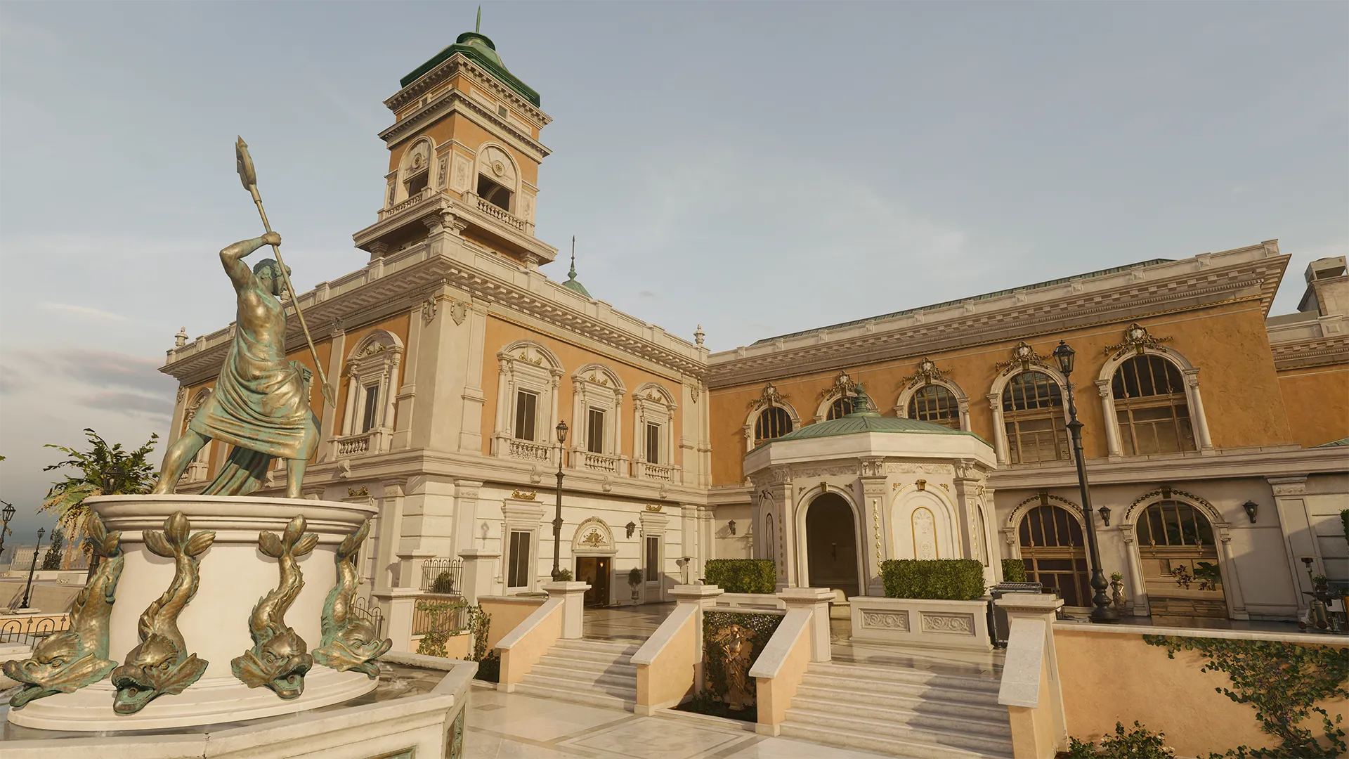A bronze statue of Poseidon holding a trident stands atop a fountain in front of a grand, Mediterranean-style casino building with arched windows and a green-roofed tower.