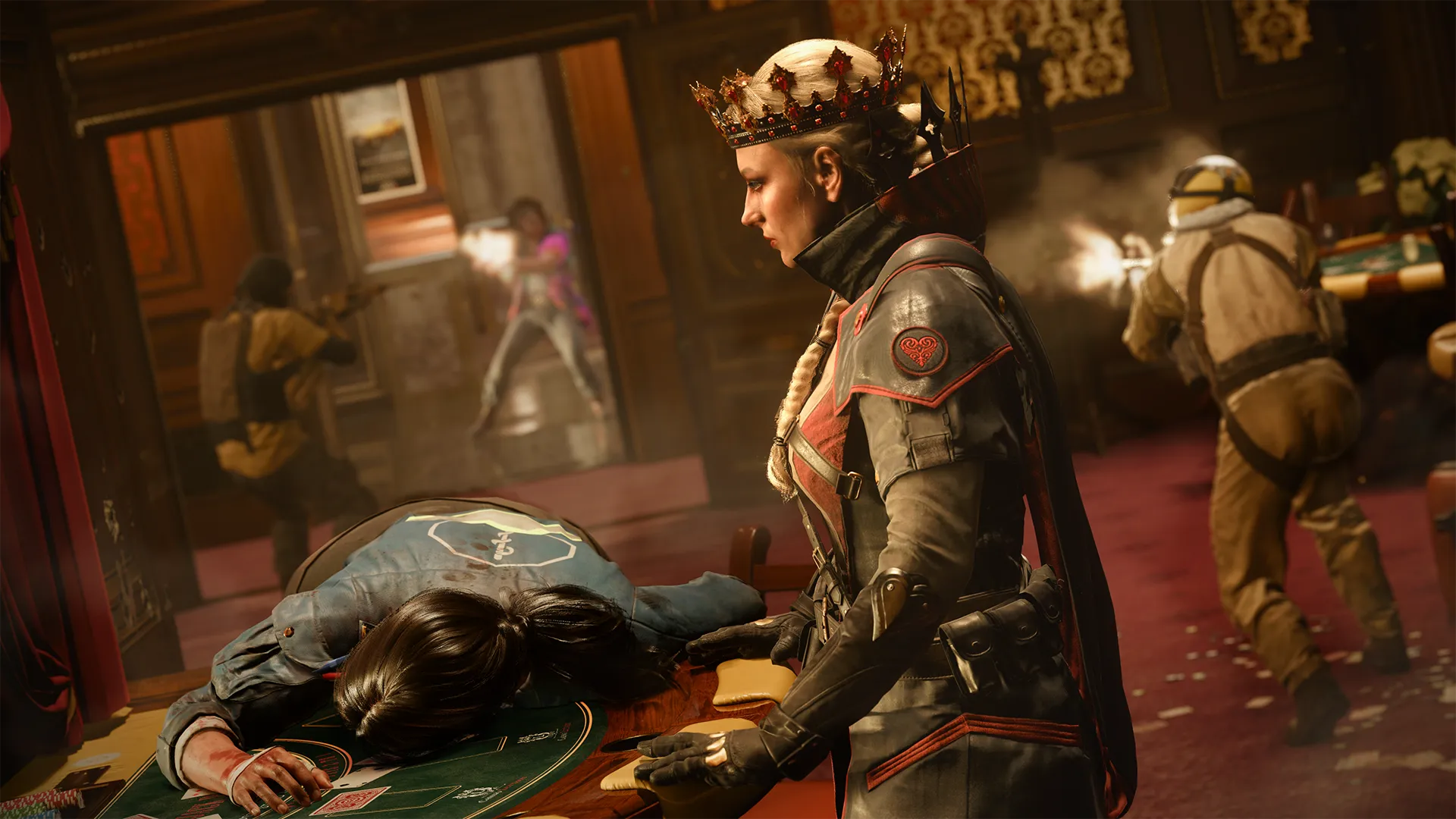 A woman in a crown and dark armored uniform stands over a dead body on a casino card table as gunfire breaks out in the background, lighting up the richly decorated gambling room.