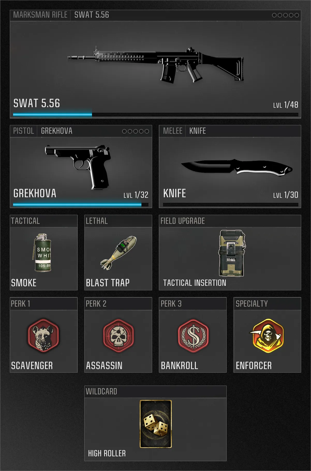 A loadout screen featuring the SWAT 5.56 marksman rifle and Grekhova pistol, with equipment including a smoke grenade, blast trap, and tactical insertion. Perks include Scavenger, Assassin, and Bankroll, with the Enforcer specialty and High Roller wildcard selected.