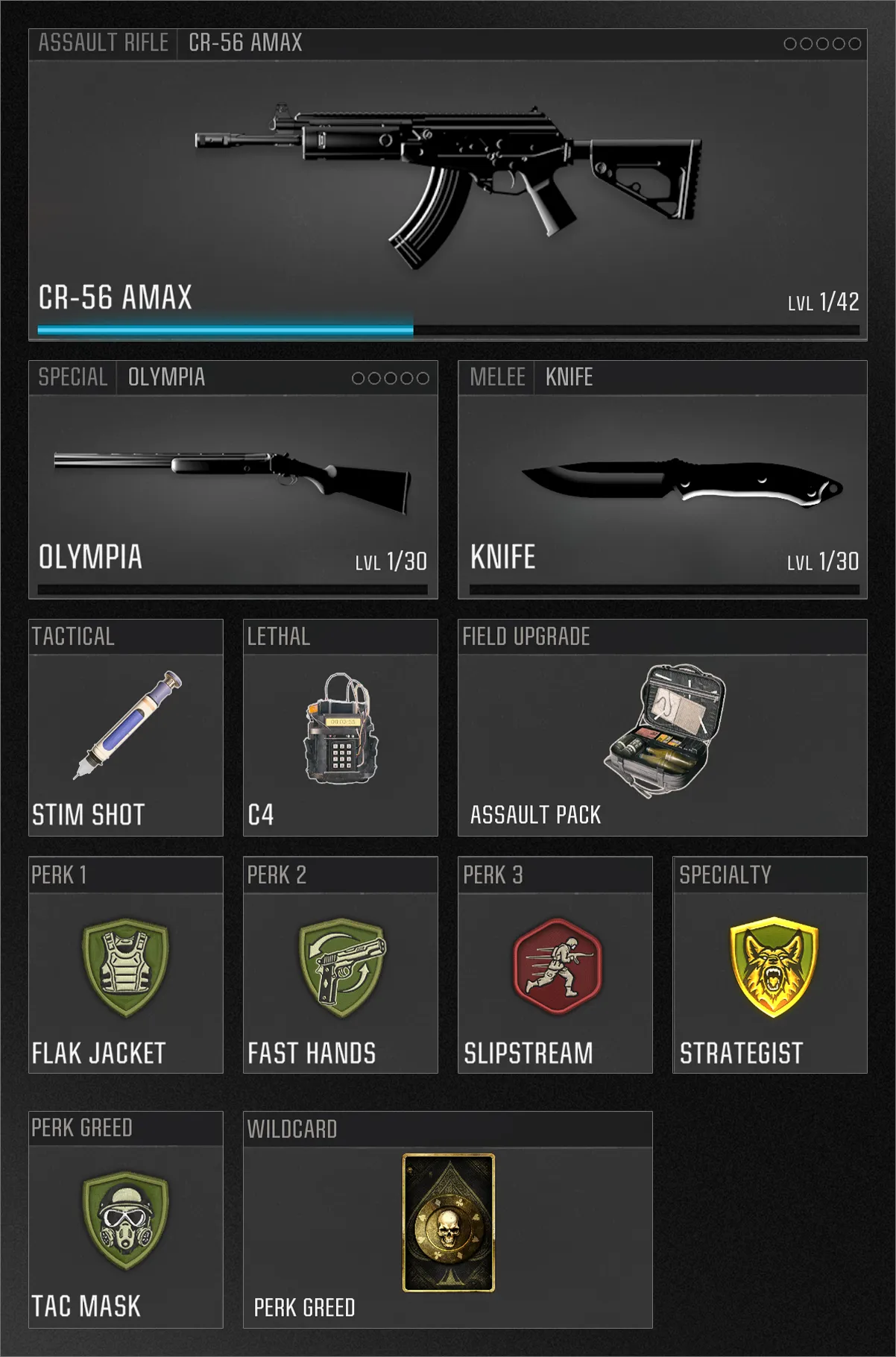 This loadout features the CR-56 AMAX assault rifle and Olympia shotgun, paired with a stim shot, C4 explosive, and an Assault Pack field upgrade. Perks include Flak Jacket, Fast Hands, Slipstream, and Tac Mask, with the Strategist specialty and Perk Greed wildcard.