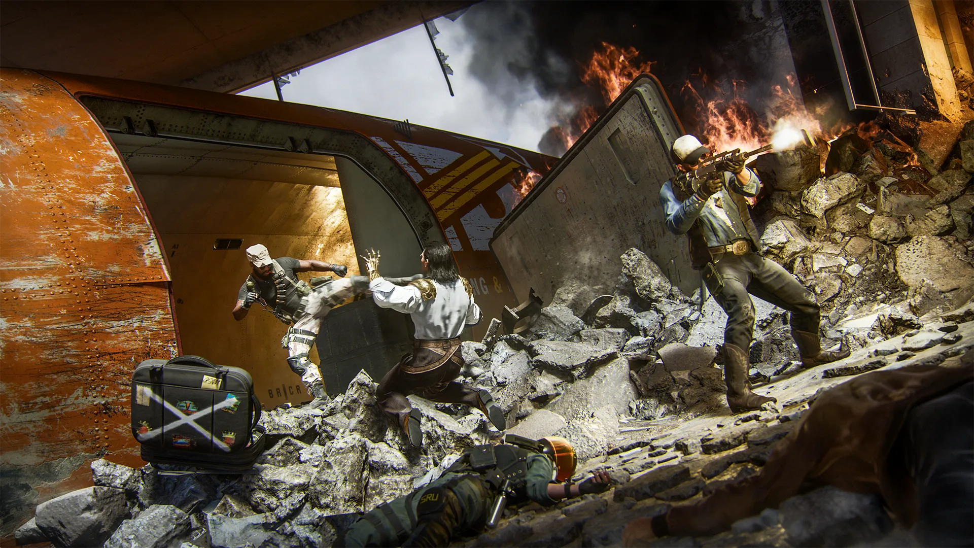 Intense gunfire and explosions erupt among rubble outside a crashed airplane, as soldiers clash in close-quarters combat near a burning wreckage. (Alt text by ChatGPT)
