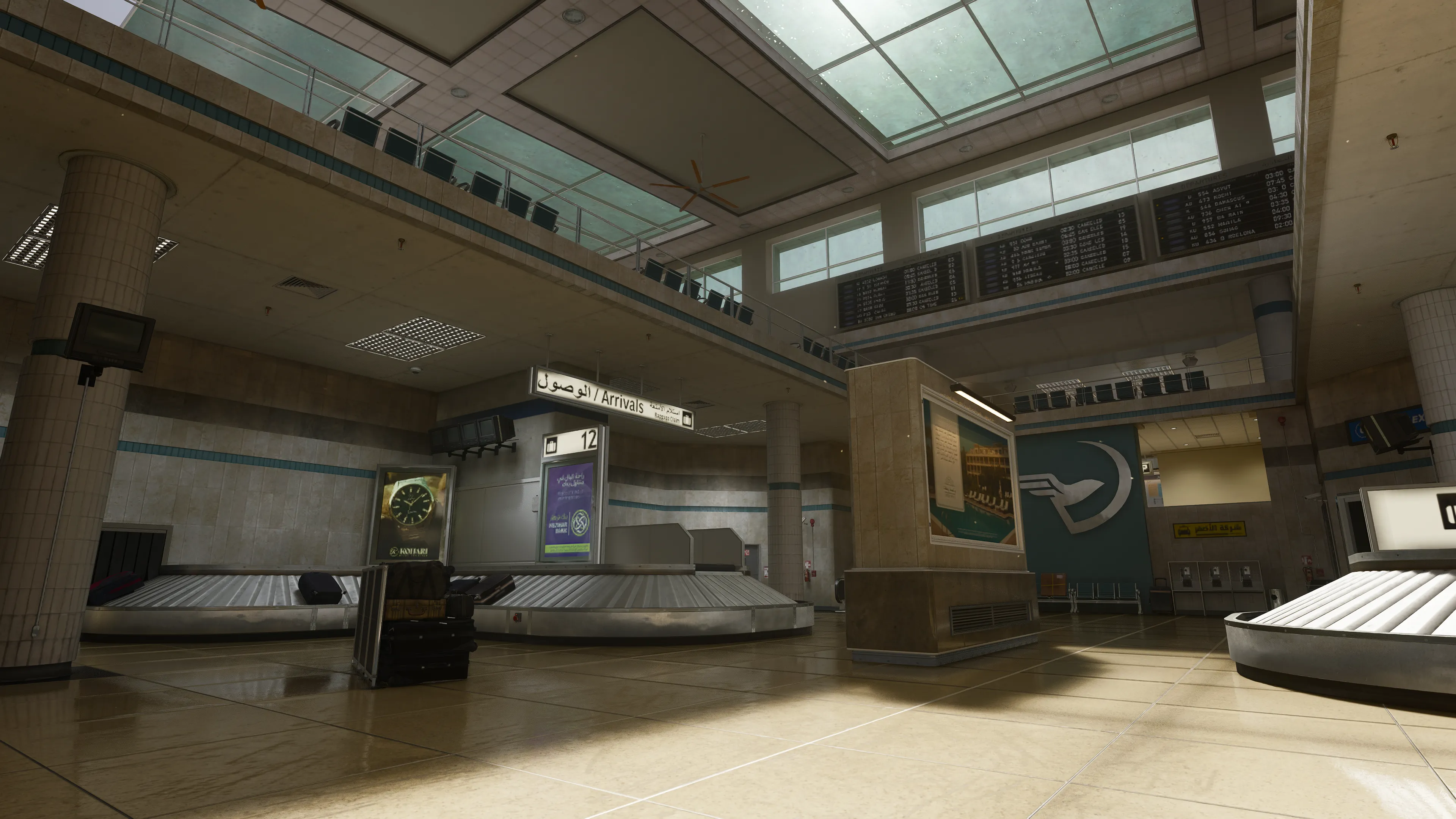 A clean airport baggage claim area shows carousels, arrival signage in Arabic and English, and flight displays mounted above. (Description by ChatGPT)