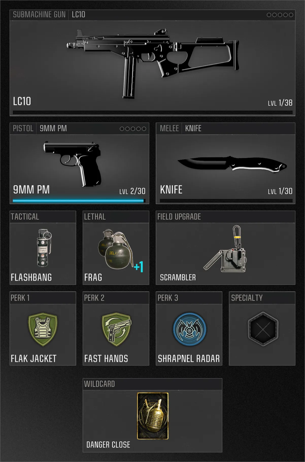 A custom loadout screen features the LC10 submachine gun and 9mm PM pistol, with equipment like flashbangs, frag grenades, and a Scrambler field upgrade. Perks include Flak Jacket, Fast Hands, and Shrapnel Radar, with the Danger Close wildcard selected. (Description by ChatGPT)