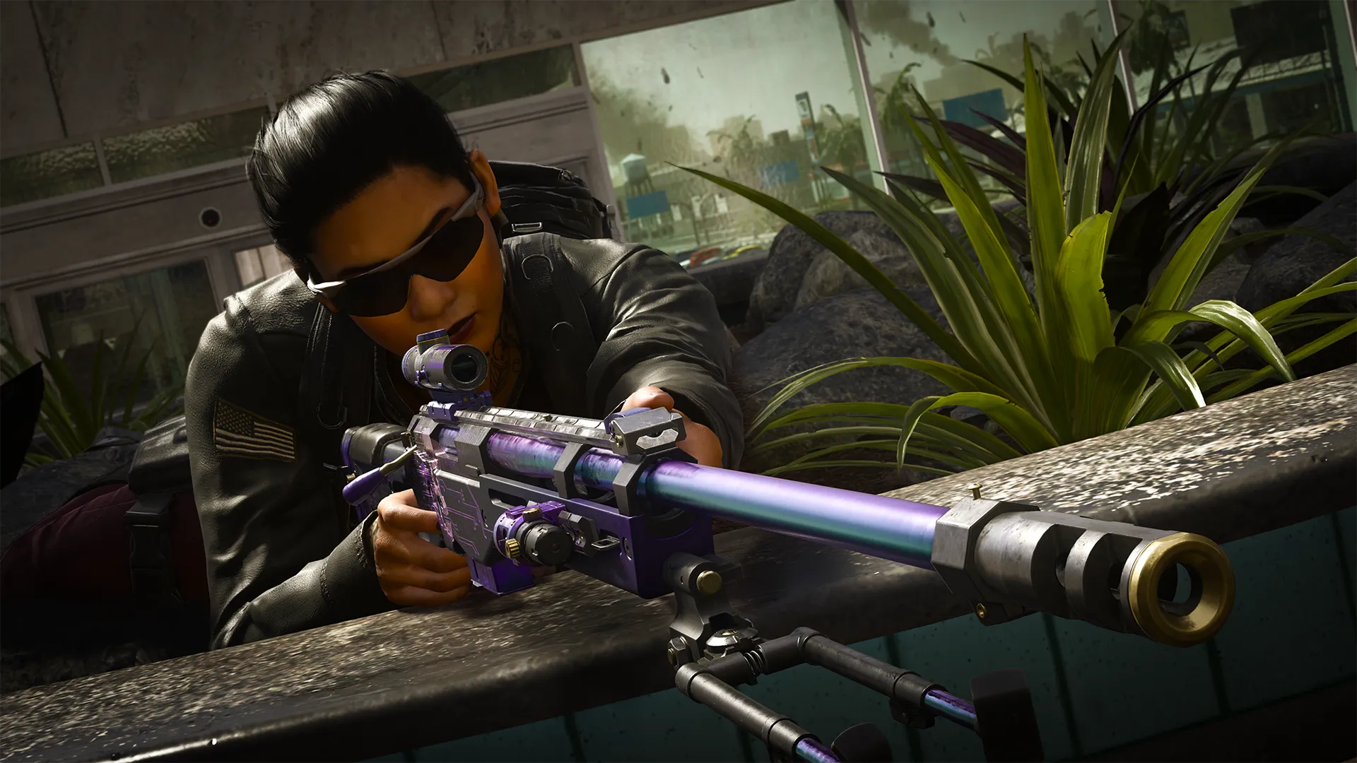 A soldier in sunglasses aims a vivid purple and teal sniper rifle while prone behind cover in a plant-filled airport terminal. (Description by ChatGPT)