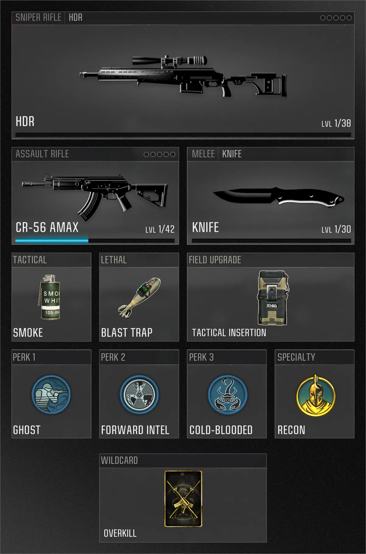A game loadout screen features the HDR sniper rifle, CR-56 AMAX assault rifle, knife, and gear like smoke grenades and a blast trap, with perks such as Ghost and Cold-Blooded. (Alt text by ChatGPT)