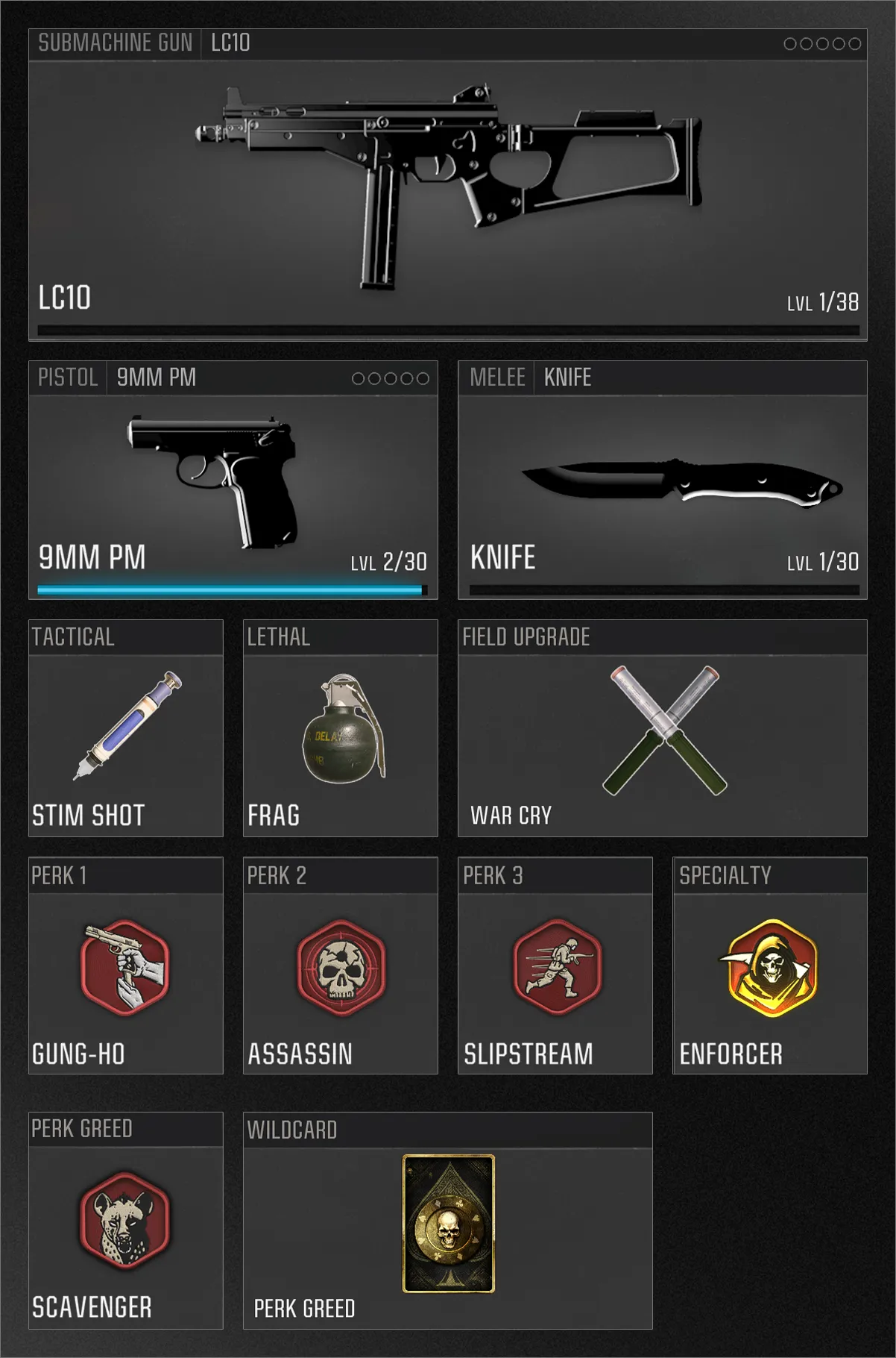 A custom loadout features the LC10 submachine gun and 9mm PM pistol, with perks like Gung-Ho and Assassin, and gear including a stim shot and frag grenade. (Alt text by ChatGPT)