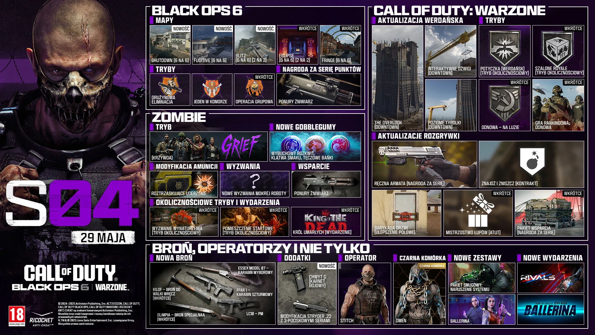 Season 04 Stitch key art. MAY 29. CALL OF DUTY®. Black Ops 6 and Warzone logo. BLACK OPS 6. MAPS. Shutdown 6v6. Fugitive 6v6. Blitz 6v6, 2v2. Eclipse 6v6, 2v2. In-Season Fringe 6v6. In-Season. MODES. Team Elimination. One in the Chamber. Party Ops. In-Season. SCORESTREAK. Grim Reaper. ZOMBIES. MODE. GRIEF. NEW GOBBLEGUMS. Explosive Flourish. Flavor Hex. Rainburps. AMMO MOD. Shatter Blast. CHALLENGES. New Dark Ops Challenges. SUPPORT. Grim Reaper. LIMITED-TIME MODES & EVENTS. Abomination Challenge LTM In-Season. Starting Room LTM In-Season. King of the Dead In-Season. CALL OF DUTY: WARZONE. VERDANSK UPDATE. The Overlook (Downtown). Interactable Crane (Downtown). Horizontal Ziplines (Downtown). MODES. Clash Verdansk LTM. Havoc Royale LTM. Resurgence Casual In-Season. Ranked Play: Resurgence In-Season. GAMEPLAY UPDATES: Hand Cannon Killstreak. Search and Destroy Contract. Door Barricade Field Upgrade. Loot Master Perk. Care Package Killstreak In-Season. NEWS, OPERATORS & MORE. NEW WEAPONS. Essex Model 07 - Marksman Rifle. FFAR 1 - AR. LC10 - SMG. Pickaxe - Melee. In-Season. Olympia - Special Weapon. In-Season. ATTACHMENTS. NEW. G-Grip Battle Pass. Struder .22 3-Round Burst Mod. OPERATOR. STITCH. BLACKCELL. OMEN. NEW BUNDLES. Tracer Pack: System Breach. Ballerina. NEW EVENTS. RIVALS. From the world of John Wick, Ballerina. © 2024-2025 Activision Publishing, Inc. ACTIVISION, CALL OF DUTY, CALL OF DUTY BLACK OPS, and CALL OF DUTY WARZONE, and RICOCHET ANTI-CHEAT, are trademarks of Activision Publishing, Inc. All other trademarks and trade names are the property of their respective owners. ®, TM & © 2025 Lions Gate Entertainment Inc. and related companies. All Rights Reserved. Ratings logo. Ricochet Anti-cheat logo.
