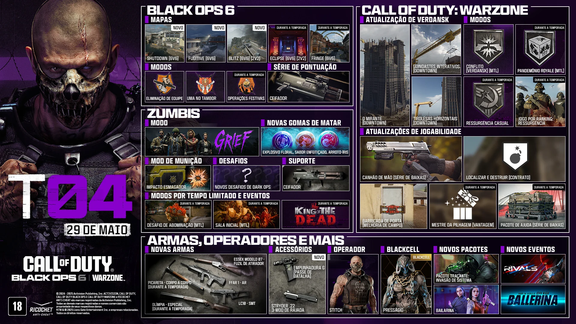 Season 04 Stitch key art. MAY 29. CALL OF DUTY®. Black Ops 6 and Warzone logo. BLACK OPS 6. MAPS. Shutdown 6v6. Fugitive 6v6. Blitz 6v6, 2v2. Eclipse 6v6, 2v2. In-Season Fringe 6v6. In-Season. MODES. Team Elimination. One in the Chamber. Party Ops. In-Season. SCORESTREAK. Grim Reaper. ZOMBIES. MODE. GRIEF. NEW GOBBLEGUMS. Explosive Flourish. Flavor Hex. Rainburps. AMMO MOD. Shatter Blast. CHALLENGES. New Dark Ops Challenges. SUPPORT. Grim Reaper. LIMITED-TIME MODES & EVENTS. Abomination Challenge LTM In-Season. Starting Room LTM In-Season. King of the Dead In-Season. CALL OF DUTY: WARZONE. VERDANSK UPDATE. The Overlook (Downtown). Interactable Crane (Downtown). Horizontal Ziplines (Downtown). MODES. Clash Verdansk LTM. Havoc Royale LTM. Resurgence Casual In-Season. Ranked Play: Resurgence In-Season. GAMEPLAY UPDATES: Hand Cannon Killstreak. Search and Destroy Contract. Door Barricade Field Upgrade. Loot Master Perk. Care Package Killstreak In-Season. NEWS, OPERATORS & MORE. NEW WEAPONS. Essex Model 07 - Marksman Rifle. FFAR 1 - AR. LC10 - SMG. Pickaxe - Melee. In-Season. Olympia - Special Weapon. In-Season. ATTACHMENTS. NEW. G-Grip Battle Pass. Struder .22 3-Round Burst Mod. OPERATOR. STITCH. BLACKCELL. OMEN. NEW BUNDLES. Tracer Pack: System Breach. Ballerina. NEW EVENTS. RIVALS. From the world of John Wick, Ballerina. © 2024-2025 Activision Publishing, Inc. ACTIVISION, CALL OF DUTY, CALL OF DUTY BLACK OPS, and CALL OF DUTY WARZONE, and RICOCHET ANTI-CHEAT, are trademarks of Activision Publishing, Inc. All other trademarks and trade names are the property of their respective owners. ®, TM & © 2025 Lions Gate Entertainment Inc. and related companies. All Rights Reserved. Ratings logo. Ricochet Anti-cheat logo.