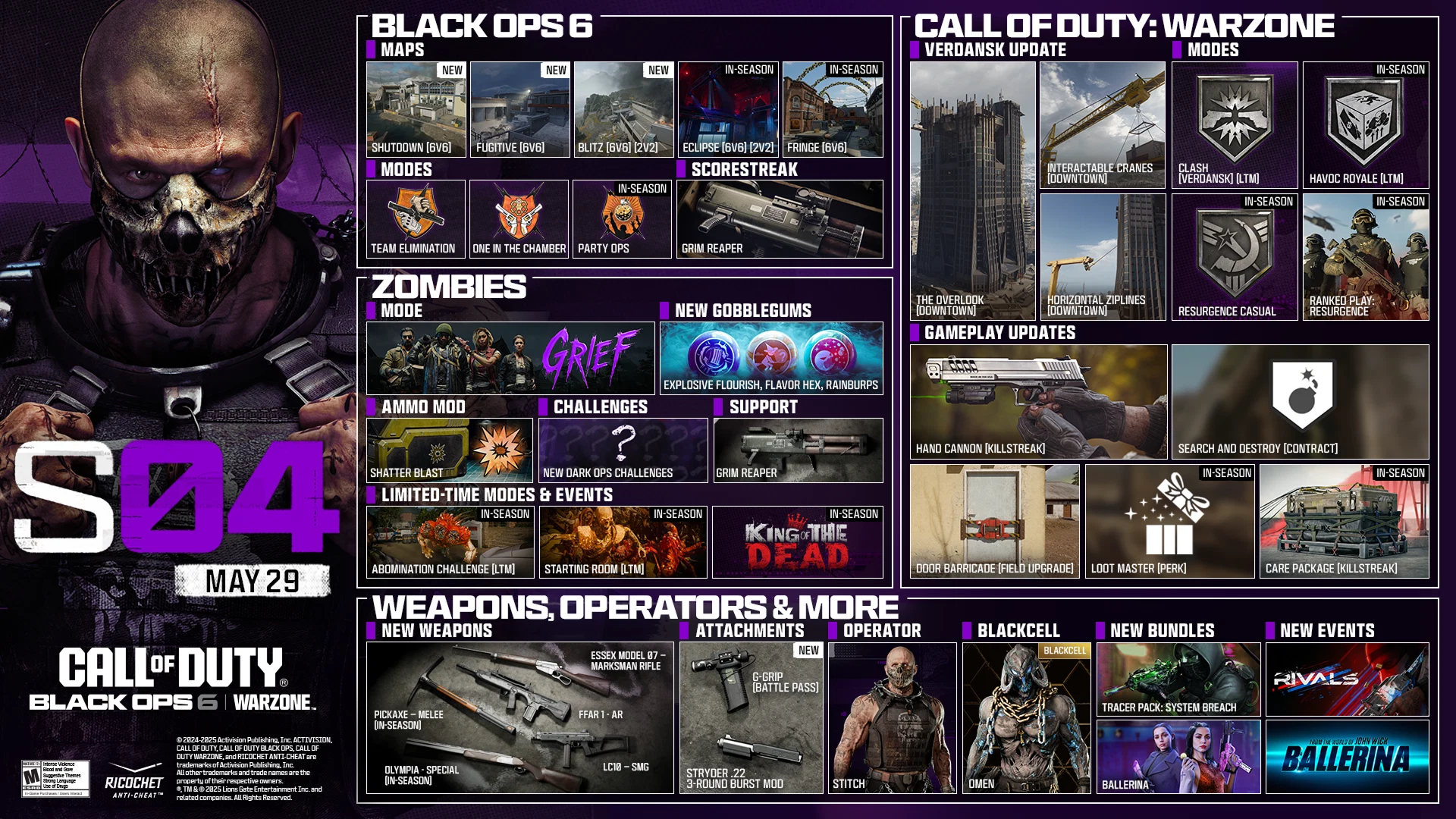 Season 04 Stitch key art. MAY 29. CALL OF DUTY®. Black Ops 6 and Warzone logo. BLACK OPS 6. MAPS. Shutdown 6v6. Fugitive 6v6. Blitz 6v6, 2v2. Eclipse 6v6, 2v2. In-Season Fringe 6v6. In-Season. MODES. Team Elimination. One in the Chamber. Party Ops. In-Season. SCORESTREAK. Grim Reaper. ZOMBIES. MODE. GRIEF. NEW GOBBLEGUMS. Explosive Flourish. Flavor Hex. Rainburps. AMMO MOD. Shatter Blast. CHALLENGES. New Dark Ops Challenges. SUPPORT. Grim Reaper. LIMITED-TIME MODES & EVENTS. Abomination Challenge LTM In-Season. Starting Room LTM In-Season. King of the Dead In-Season. CALL OF DUTY: WARZONE. VERDANSK UPDATE. The Overlook (Downtown). Interactable Crane (Downtown). Horizontal Ziplines (Downtown). MODES. Clash Verdansk LTM. Havoc Royale LTM. Resurgence Casual In-Season. Ranked Play: Resurgence In-Season. GAMEPLAY UPDATES: Hand Cannon Killstreak. Search and Destroy Contract. Door Barricade Field Upgrade. Loot Master Perk. Care Package Killstreak In-Season. NEWS, OPERATORS & MORE. NEW WEAPONS. Essex Model 07 - Marksman Rifle. FFAR 1 - AR. LC10 - SMG. Pickaxe - Melee. In-Season. Olympia - Special Weapon. In-Season. ATTACHMENTS. NEW. G-Grip Battle Pass. Struder .22 3-Round Burst Mod. OPERATOR. STITCH. BLACKCELL. OMEN. NEW BUNDLES. Tracer Pack: System Breach. Ballerina. NEW EVENTS. RIVALS. From the world of John Wick, Ballerina. © 2024-2025 Activision Publishing, Inc. ACTIVISION, CALL OF DUTY, CALL OF DUTY BLACK OPS, and CALL OF DUTY WARZONE, and RICOCHET ANTI-CHEAT, are trademarks of Activision Publishing, Inc. All other trademarks and trade names are the property of their respective owners. ®, TM & © 2025 Lions Gate Entertainment Inc. and related companies. All Rights Reserved. Ratings logo. Ricochet Anti-cheat logo.