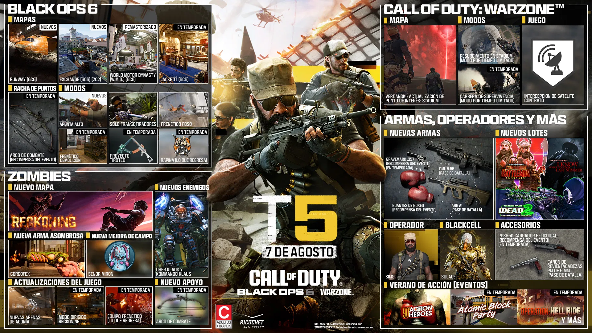 Season 05 key art. AUGUST 7. CALL OF DUTY®. Black Ops 6 and Warzone logo. BLACK OPS 6. MAPS. RUNWAY. 6v6. NEW. EXCHANGE. 6v6, 2v2. NEW. WORLD MOTOR DYNASTY (W.M.D.). 6v6. REMASTERED. JACKPOT. 6v6. In-Season. SCORESTREAK. COMBAT BOW. EVENT REWARD. MODES. AIM HIGH. NEW. SNIPERS ONLY. CRANKED MOSHPIT. CRANKED DEMOLITION. IN-SEASON. BLUEPRINT GUNFIGHT. IN-SEASON. RANSACK. RETURNING. IN-SEASON. ZOMBIES. NEW MAP. RECKONING. NEW ENEMIES. UBER KLAUS AND KOMMANDO KLAUS. NEW WONDER WEAPON. GORGOFEX. NEW FIELD UPGRADE. MISTER PEEKS. GAMEPLAY UPDATES. NEW GRIEF ARENAS. DIRECTED MODE: RECKONING. IN-SEASON. TEAM CRANKED (RETURNING). IN-SEASON. NEW SUPPORT. COMBAT BOW. IN-SEASON. CALL OF DUTY: WARZONE. MAP. VERDANSK - POI UPDATE: STADIUM. MODES. STADIUM RESURGENCE. LTM. DEADLINE. LTM. IN-SEASON. GAMEPLAY. SATELLITE HIJACK CONTRACT. WEAPONS, OPERATORS & MORE. NEW WEAPONS. GRAVEMARK .357. EVENT REWARD. IN-SEASON. PML 5.56. BATTLE PASS. BOXING GLOVES. EVENT REWARD. ABR A1. BATTLE PASS. NEW BUNDLES. COMMANDO BATTLEMAN: THE REPLACER. I KNOW WHAT YOU DID LAST SUMMER. IDEAD 2. OPERATOR. SIMS. BLACKCELL. SOLACE. ATTACHMENTS. PPSH-41 HELICAL MAGAZINE. EVENT REWARD. IN-SEASON. SUMMER OF ACTION (EVENTS). '90 ACTION HEROES. ATOMIC BLOCK PARTY. IN-SEASON. OPERATION: HELL RIDE. + MORE. IN-SEASON. ©/TM/® 2025 Activision Publishing, Inc. TM & ® CPII. All Rights Reserved. Ratings logo. Ricochet Anti-cheat logo.