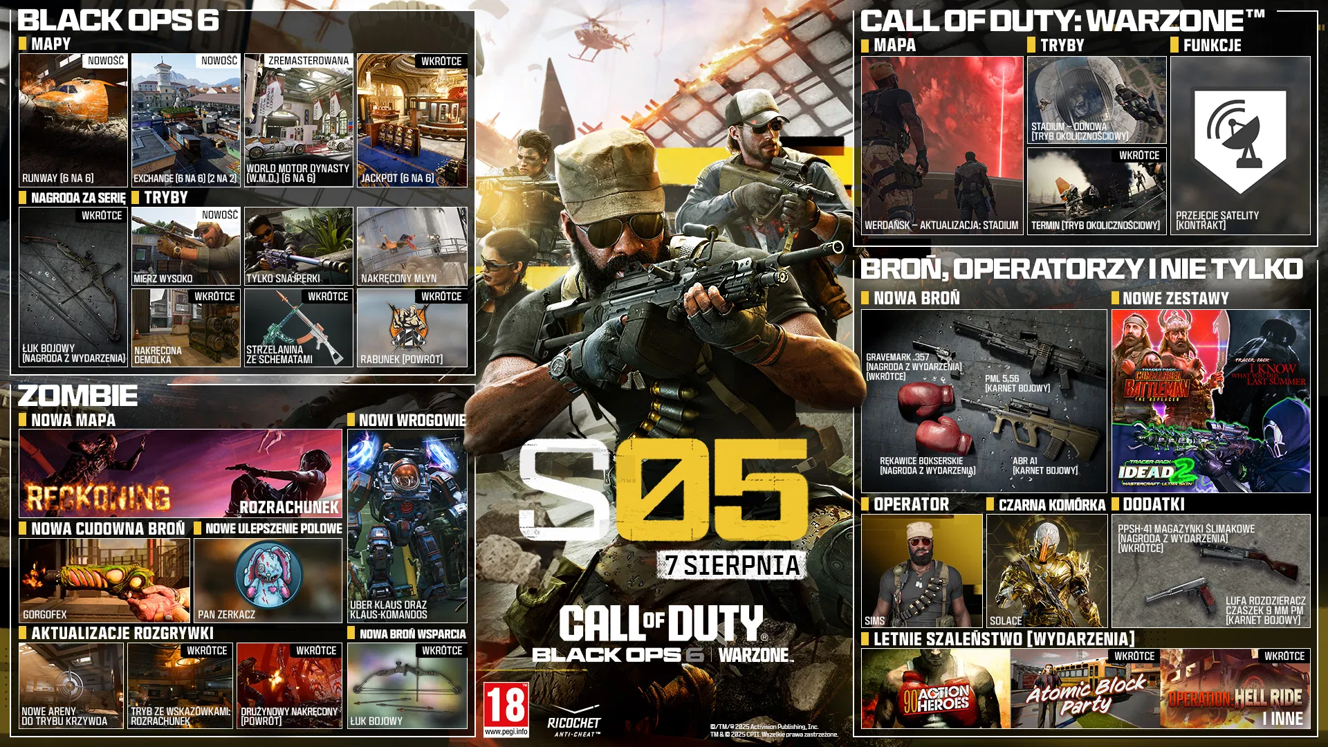 Season 05 key art. AUGUST 7. CALL OF DUTY®. Black Ops 6 and Warzone logo. BLACK OPS 6. MAPS. RUNWAY. 6v6. NEW. EXCHANGE. 6v6, 2v2. NEW. WORLD MOTOR DYNASTY (W.M.D.). 6v6. REMASTERED. JACKPOT. 6v6. In-Season. SCORESTREAK. COMBAT BOW. EVENT REWARD. MODES. AIM HIGH. NEW. SNIPERS ONLY. CRANKED MOSHPIT. CRANKED DEMOLITION. IN-SEASON. BLUEPRINT GUNFIGHT. IN-SEASON. RANSACK. RETURNING. IN-SEASON. ZOMBIES. NEW MAP. RECKONING. NEW ENEMIES. UBER KLAUS AND KOMMANDO KLAUS. NEW WONDER WEAPON. GORGOFEX. NEW FIELD UPGRADE. MISTER PEEKS. GAMEPLAY UPDATES. NEW GRIEF ARENAS. DIRECTED MODE: RECKONING. IN-SEASON. TEAM CRANKED (RETURNING). IN-SEASON. NEW SUPPORT. COMBAT BOW. IN-SEASON. CALL OF DUTY: WARZONE. MAP. VERDANSK - POI UPDATE: STADIUM. MODES. STADIUM RESURGENCE. LTM. DEADLINE. LTM. IN-SEASON. GAMEPLAY. SATELLITE HIJACK CONTRACT. WEAPONS, OPERATORS & MORE. NEW WEAPONS. GRAVEMARK .357. EVENT REWARD. IN-SEASON. PML 5.56. BATTLE PASS. BOXING GLOVES. EVENT REWARD. ABR A1. BATTLE PASS. NEW BUNDLES. COMMANDO BATTLEMAN: THE REPLACER. I KNOW WHAT YOU DID LAST SUMMER. IDEAD 2. OPERATOR. SIMS. BLACKCELL. SOLACE. ATTACHMENTS. PPSH-41 HELICAL MAGAZINE. EVENT REWARD. IN-SEASON. SUMMER OF ACTION (EVENTS). '90 ACTION HEROES. ATOMIC BLOCK PARTY. IN-SEASON. OPERATION: HELL RIDE. + MORE. IN-SEASON. ©/TM/® 2025 Activision Publishing, Inc. TM & ® CPII. All Rights Reserved. Ratings logo. Ricochet Anti-cheat logo.