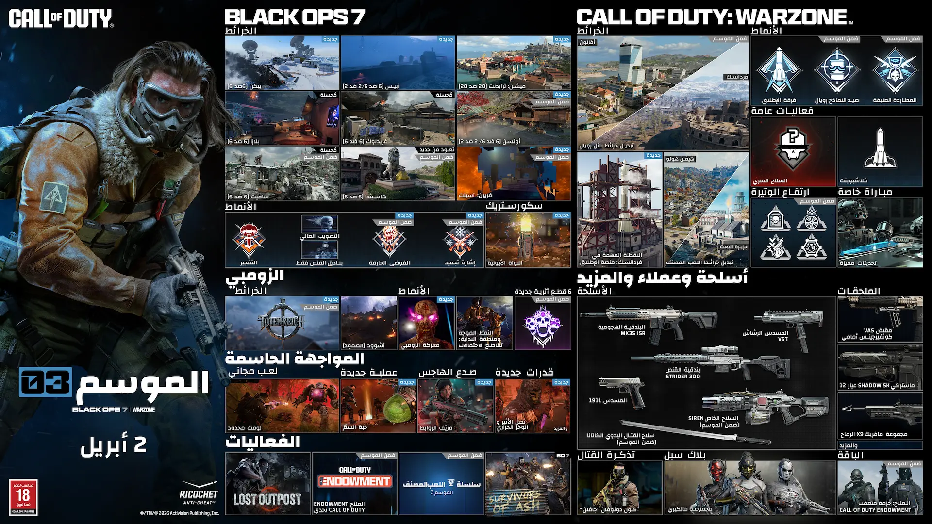 Call of Duty. Season 02. Black Ops 7 and Warzone. February 05. Black Ops 7. Maps. Fate 6v6 New. Utopia 6v6 New. Odysseus 6v6 and 2v2 New. Standoff 6v6 Remastered. Sleighhijacked 6v6 In-Season Variant. Meltdown 6v6 In-Season Remastered. Yakei 6v6 and 2v2 In-Season New. Fringe 6v6 In-Season Returning. Redacted In-Season Variant. Modes. Prop Hunt. One in the Chamber. Sharpshooter. Sticks and Stones In-Season. Gun Game In-Season. CODMAS LTM Holiday Havoc In-Season. CODMAS LTM Snowfight In-Season. Takeover In-Season. Redacted In-Season. Scorestreak. Deadeye Drone. Endgame. Four new world events. Eight new exotic skills. Phantom Skill Track In-Season. Zombies. Maps. Astra Malorum. New round-based map Astra Malorum. Survival Maps. Exit 115 New Survival Map. Zarya Cosmodrome New Survival Map. Modes. Directed Mode Ashes of the Damned. Directed Mode Astra Malorum In-Season. CODMAS LTMs. Jingle Hells. List Keepers Challenge In-Season. Redacted In-Season. Gameplay Content. New enemy O.S.C.A.R. New Wonder Weapon LGM-1. Ammo Mods. Light Mend. Shatter Blast. Field Upgrades. Frost Blast. Tesla Storm. Mister Peeks. Perk. Perk-A-Cola Mule Kick. Gobblegums. Elemental Exposure. Slaylist. Call of Duty Warzone. Maps. Haven's Hollow New. Points of Interest. Verdansk. Signal Station New. Factory Remastered. Modes. Battle Royale and Casual. Resurgence and Casual. Holiday Rush LTM In-Season. Redacted In-Season. High Octane In-Season. Weekend LTMs. Loadout. Max five attachments. Overkill by default. Wildcards removed. Weapon build sharing Black Ops 7. Gameplay. Win streak rewards In-Season. Equipment. Needle Drone lethal. Pinpoint Grenade tactical. Phantom Signal tactical. Echo Unit field upgrade. Perks. Improved perks and categories. Adaptive new. Movement. Grapple Hook tactical. Wall jump in LTMs. Default tac sprint removed. Increased sprint speeds. Combat roll with Mountaineer perk. Weapons, Operators, and More. Maddox RFB assault rifle Battle Pass. Sokol 546 LMG event In-Season. NX Ravager special In-Season. Ballistic Knife melee weekly challenges. Kogot-7 SMG Battle Pass. Sturmwolf 45 SMG event In-Season. Hawker HX sniper event In-Season. Attachments. Akita Scorchlink Akimbo. MPC-25 Contrabloom Laser. M8A1 Autostrike-X8 Conversion. CODA 9 Adaptive Discharge Mod. AK-27 Battle-Scar Conversion. Redwell Shade-X Suppressor. Operators. Dorne. Scorn. BlackCell. New Bundles. Birds of Slay Tracer Pack Mastercraft. Legend Reborn Tracer Pack. Aerial Dominance Tracer Pack Mastercraft. CODE Legacy Tracer Pack. New Events. Rally Point community event. Naughty and Nice CODMAS challenges event. Astra Malorum Zombies leaderboard event. Redacted. Redacted. Redacted. Ratings logo. Ricochet Anti-Cheat logo. ©/TM/® 2026 Activision Publishing, Inc.