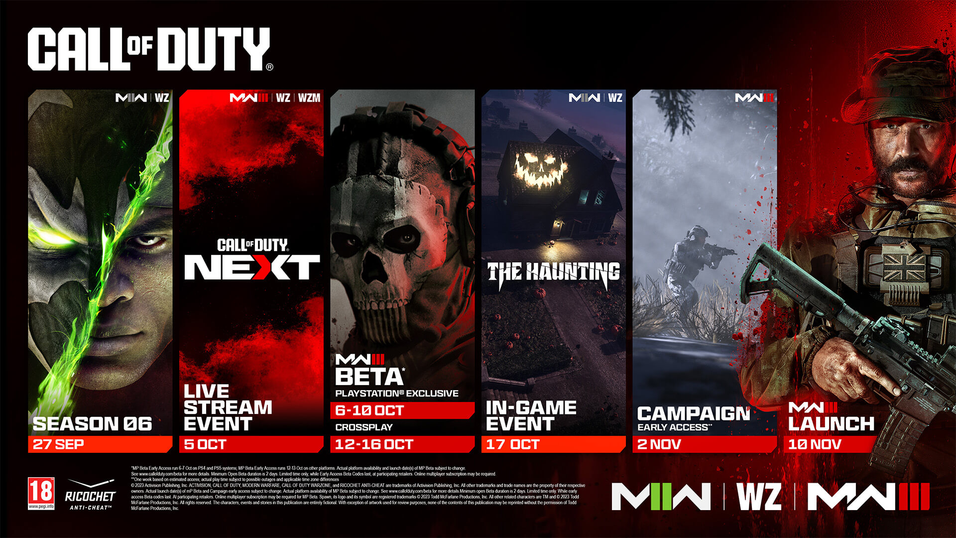 <p>CALL OF DUTY®. MWII | WZ. Al Simmons Spawn key art. SEASON 06. MWIII | WZ | WZM. Call of Duty NEXT key art. LIVE STREAM EVENT. OCT 5. MWIII. BETA*. Playstation Exclusive. OCT 6 - 10. Crossplays. OCT 12 - 16. MWII | WZ. The Haunting. In-Game Event. OCT 17. MWIII. Campaign Early Access. NOV 2. MWIII. Launch. NOV 10. Warzone logo. Modern Warfare II logo. Modern Warfare III logo. Ricochet logo. Ratings logo. © 2023 Activision Publishing, Inc. ACTIVISION, CALL OF DUTY, MODERN WARFARE, CALL OF DUTY WARZONE, and RICOCHET ANTI-CHEAT are trademarks of Activision Publishing, Inc. All other trademarks and trade names are the property of their respective owners. Actual launch date(s) of MP Beta and Campaign early access subject to change. Actual platform availability of MP Beta subject to change. See http://www.callofduty.com/beta for more details.Minimum open Beta duration is 2 days. Limited time only. While early access Beta codes last. At participating retailers. Online multiplayer subscription may be required for MP Beta. Spawn, its logo and its symbol are registered trademarks. © 2023 Todd McFarlane Productions, Inc. All other related characters are TM and © 2023 Todd McFarlane Productions, Inc. All rights reserved. The characters, events and stories in this publication are entirely fictional. With exception of artwork used for review purposes, none of the contents of this publication may be reprinted without the permission of Todd McFarlane Productions, Inc.</p>
